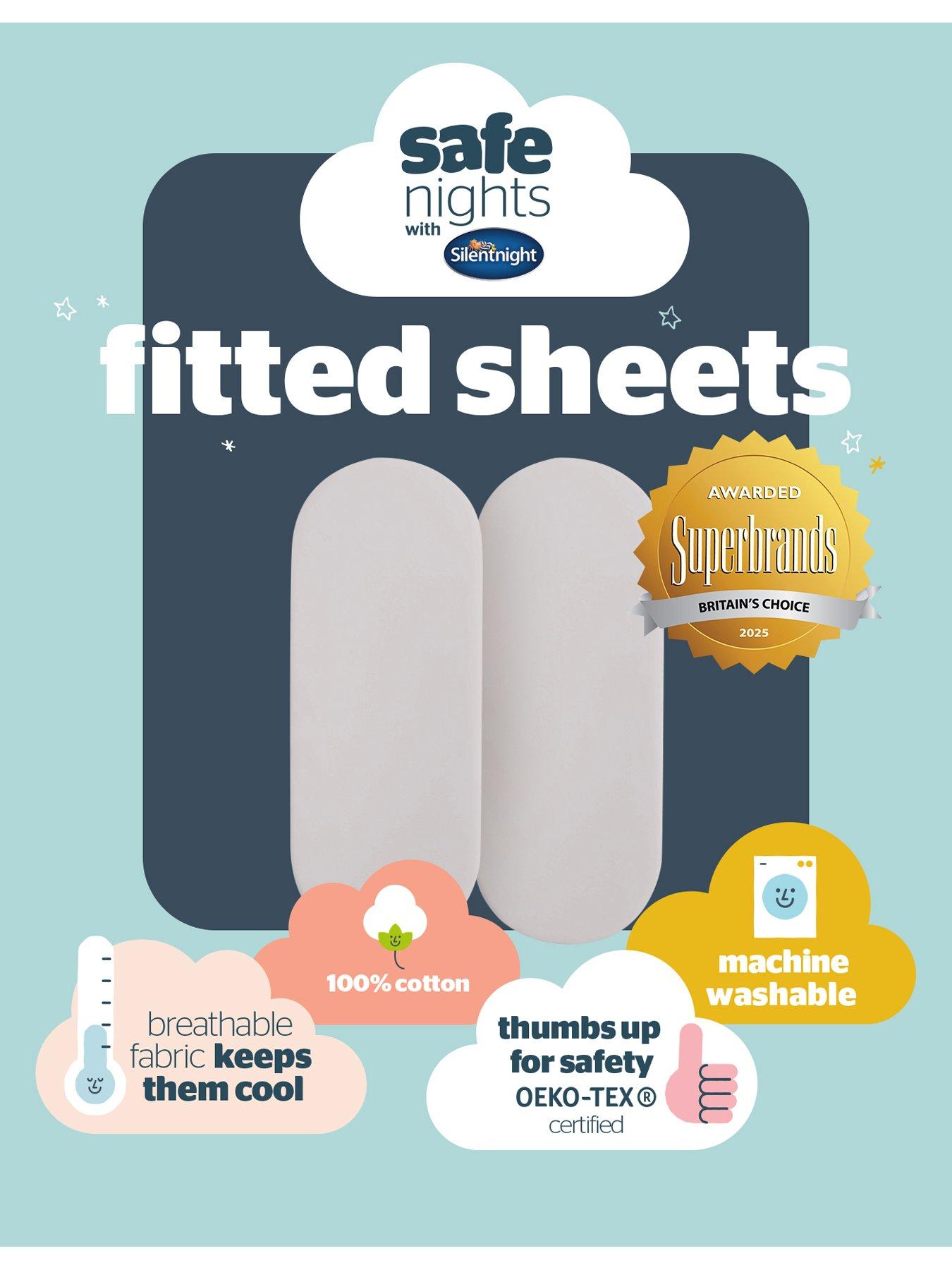 Image 7 of 7 of Silentnight Safe Nights 2 x Pack 100% Cotton Moses Basket Fitted Sheets - 74cm x 28cm (Grey)