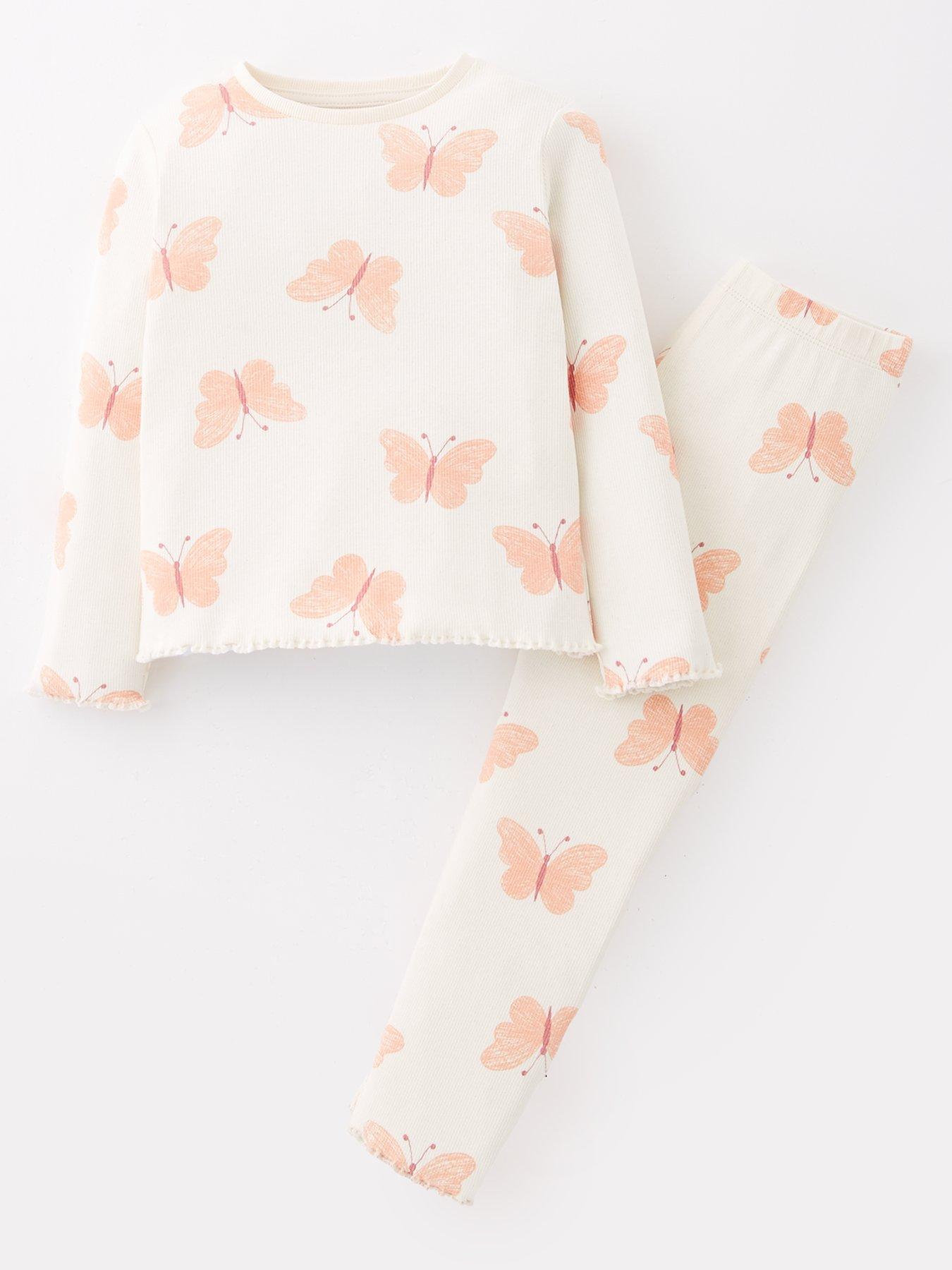 undefined Girls Rib Scallop Edge Single Long Sleeve Pyjamas - Butterfly Multi