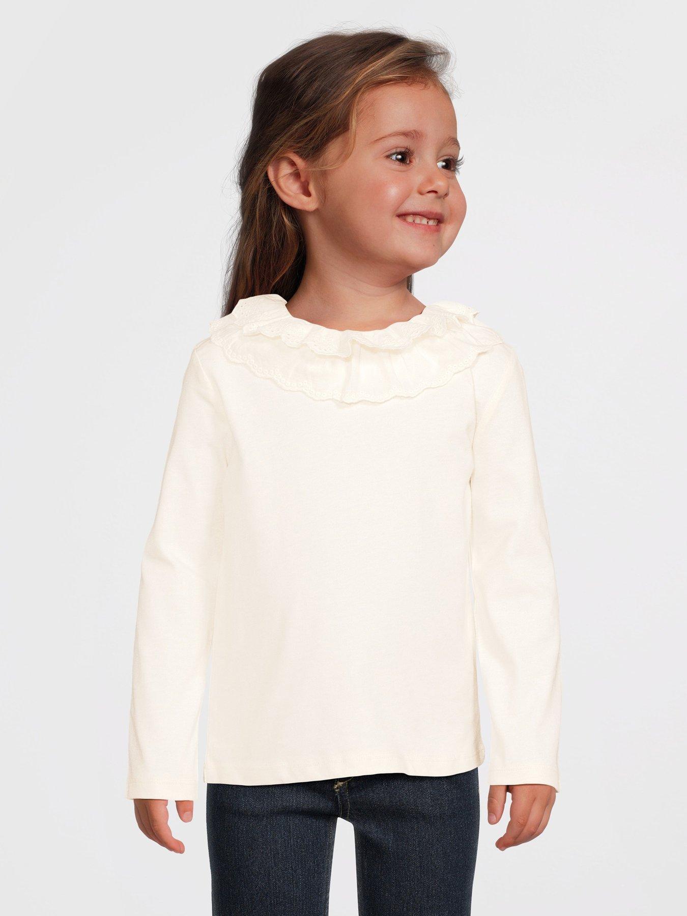 Image 1 of 5 of Mini V by Very Girls Cotton Long Sleeve Top with Broiderie Scallop Neck - Pink