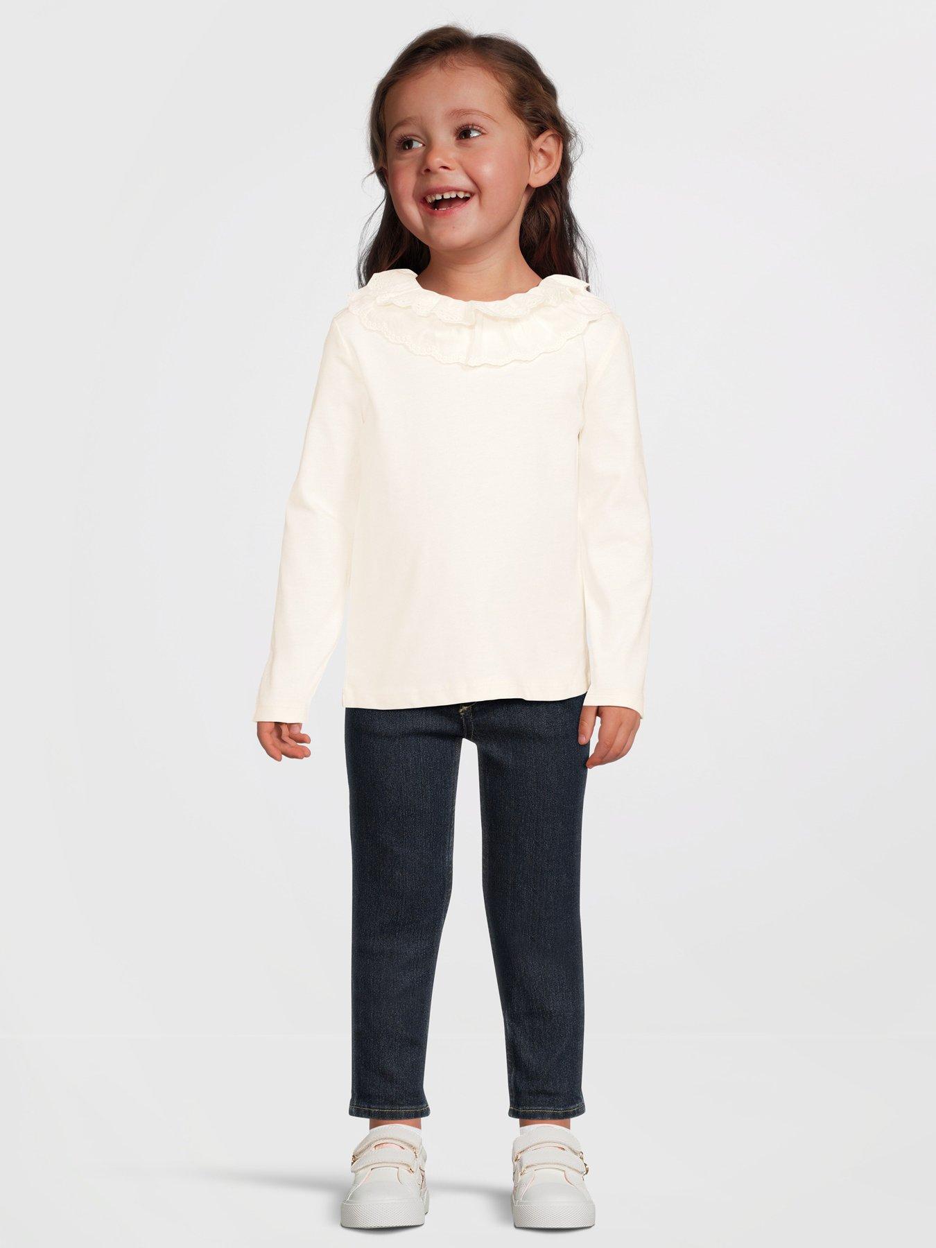Image 3 of 5 of Mini V by Very Girls Cotton Long Sleeve Top with Broiderie Scallop Neck - Pink
