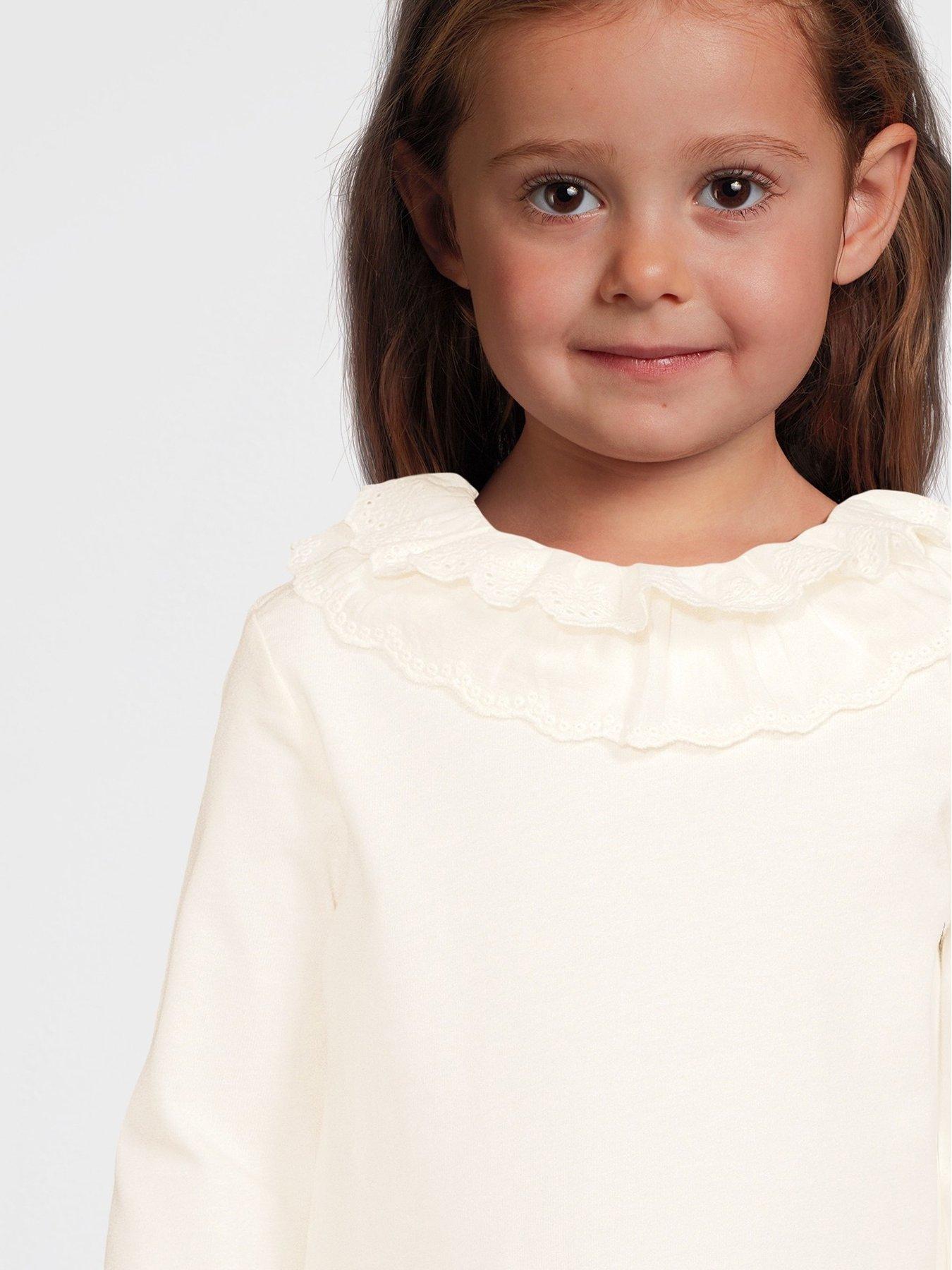 Image 4 of 5 of Mini V by Very Girls Cotton Long Sleeve Top with Broiderie Scallop Neck - Pink