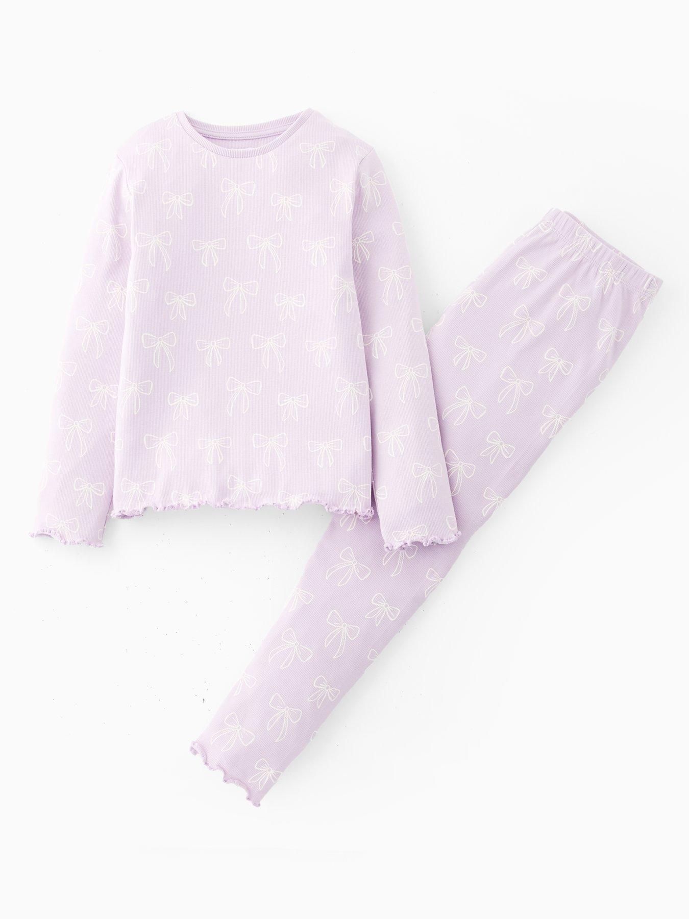 undefined Girls Rib Scallop Edge Single Long Sleeve Pyjama - Bow Multi
