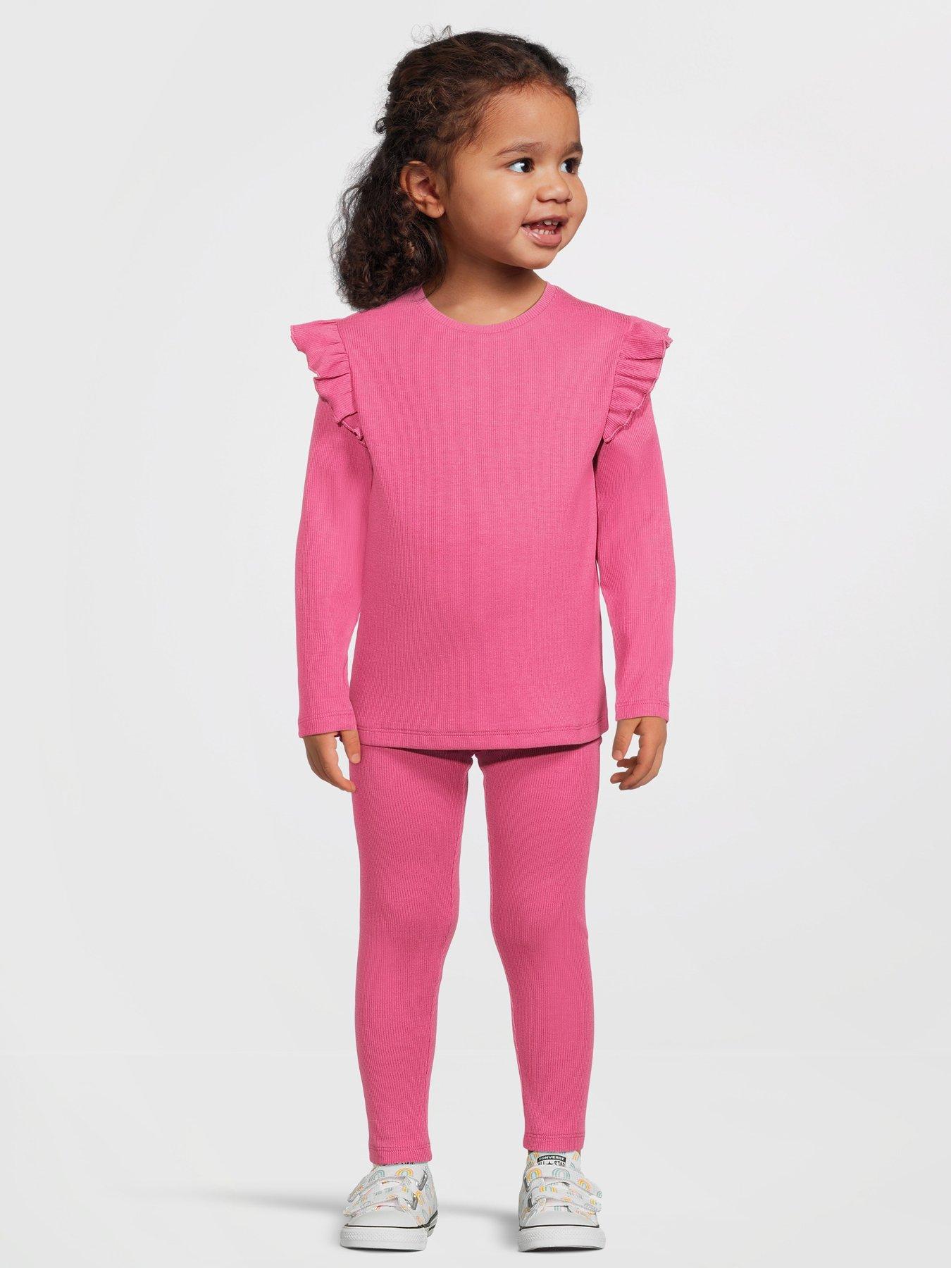 Mini V by Very Girls Frill Sleeve Rib Long Sleeve Top and Legging Set - Pink