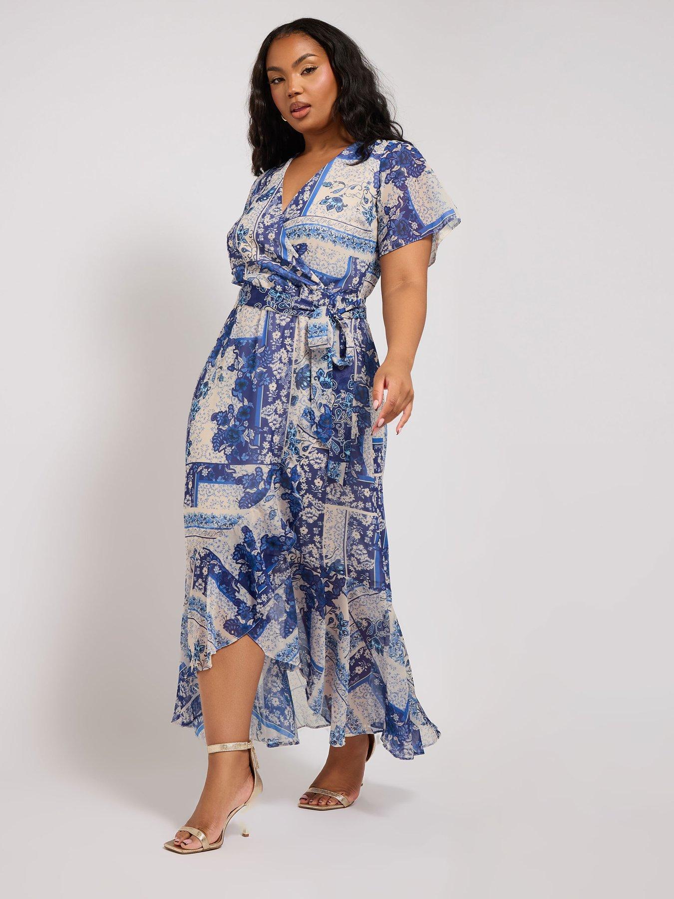 Image 1 of 4 of Yours Curve Scarf Print Wrap Ruffle Dress