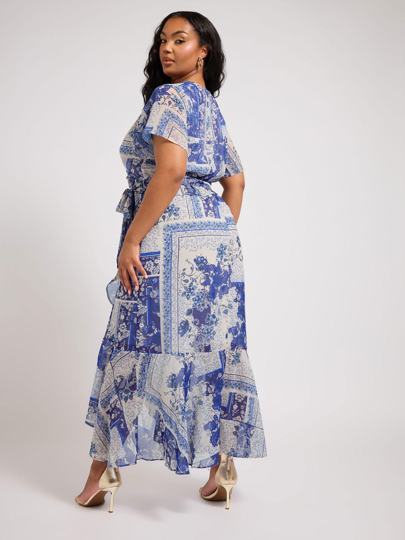 Image 2 of 4 of Yours Curve Scarf Print Wrap Ruffle Dress