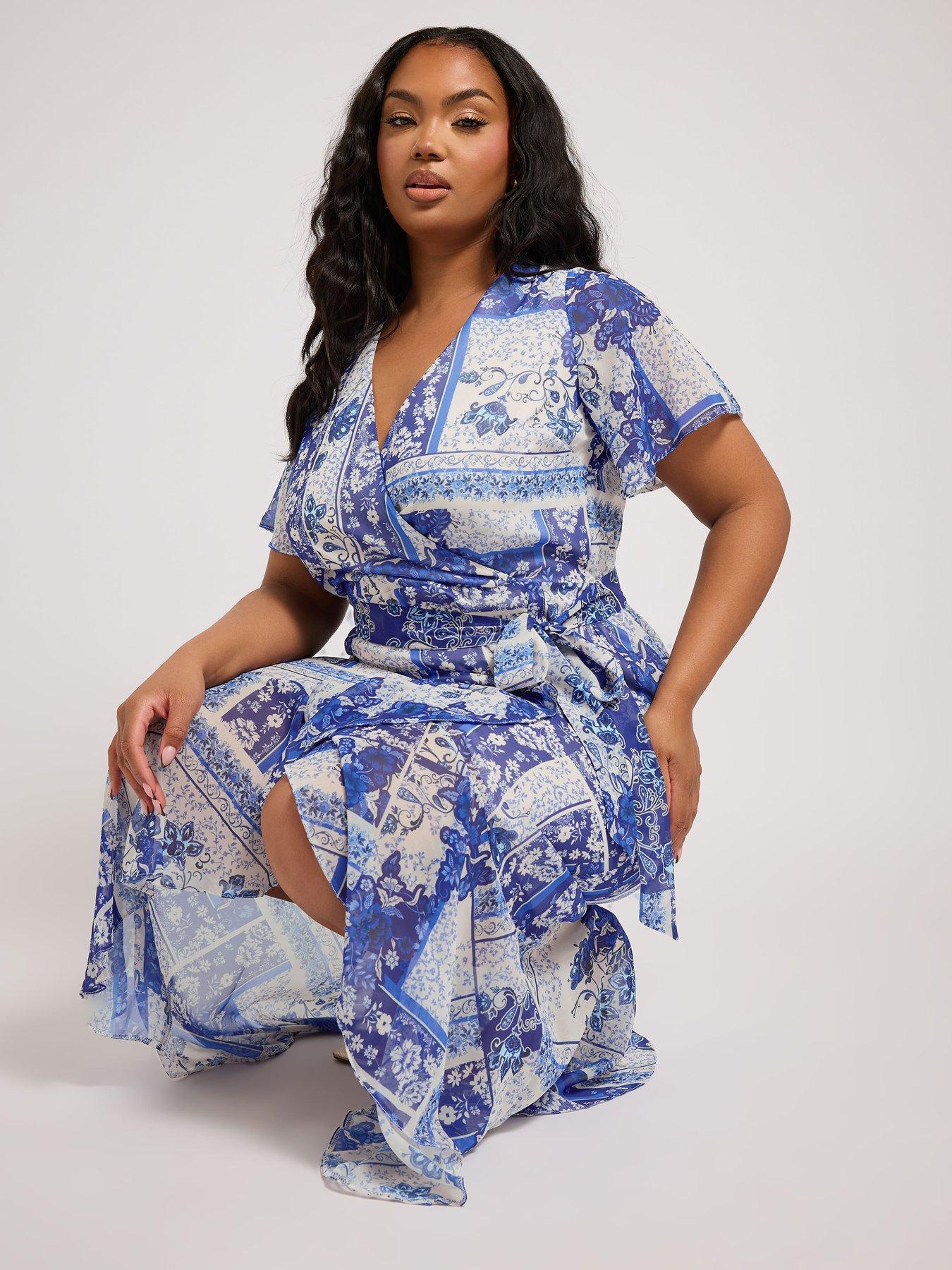 Image 4 of 4 of Yours Curve Scarf Print Wrap Ruffle Dress