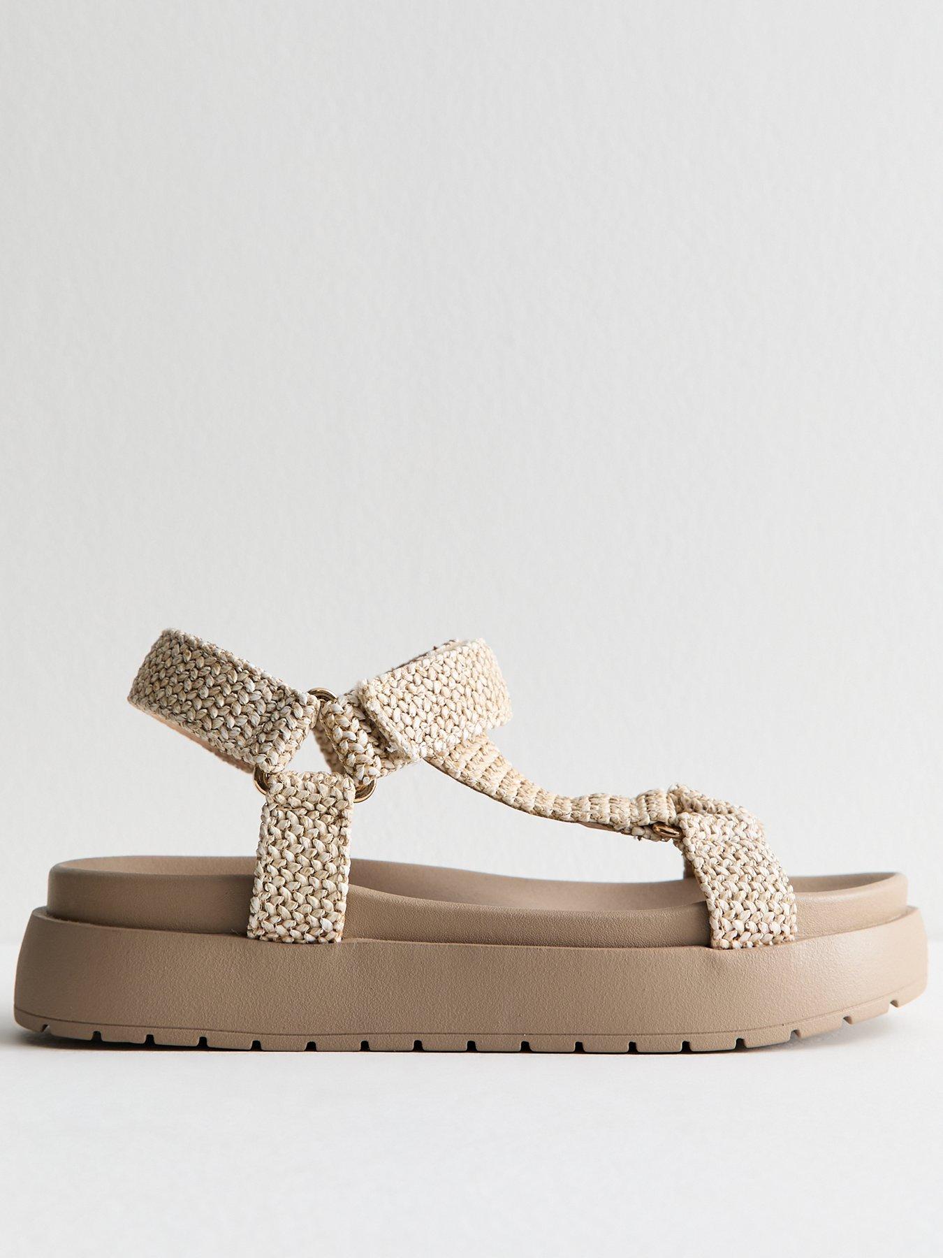 undefined Cream Raffia Harness Strap Platform Sandals