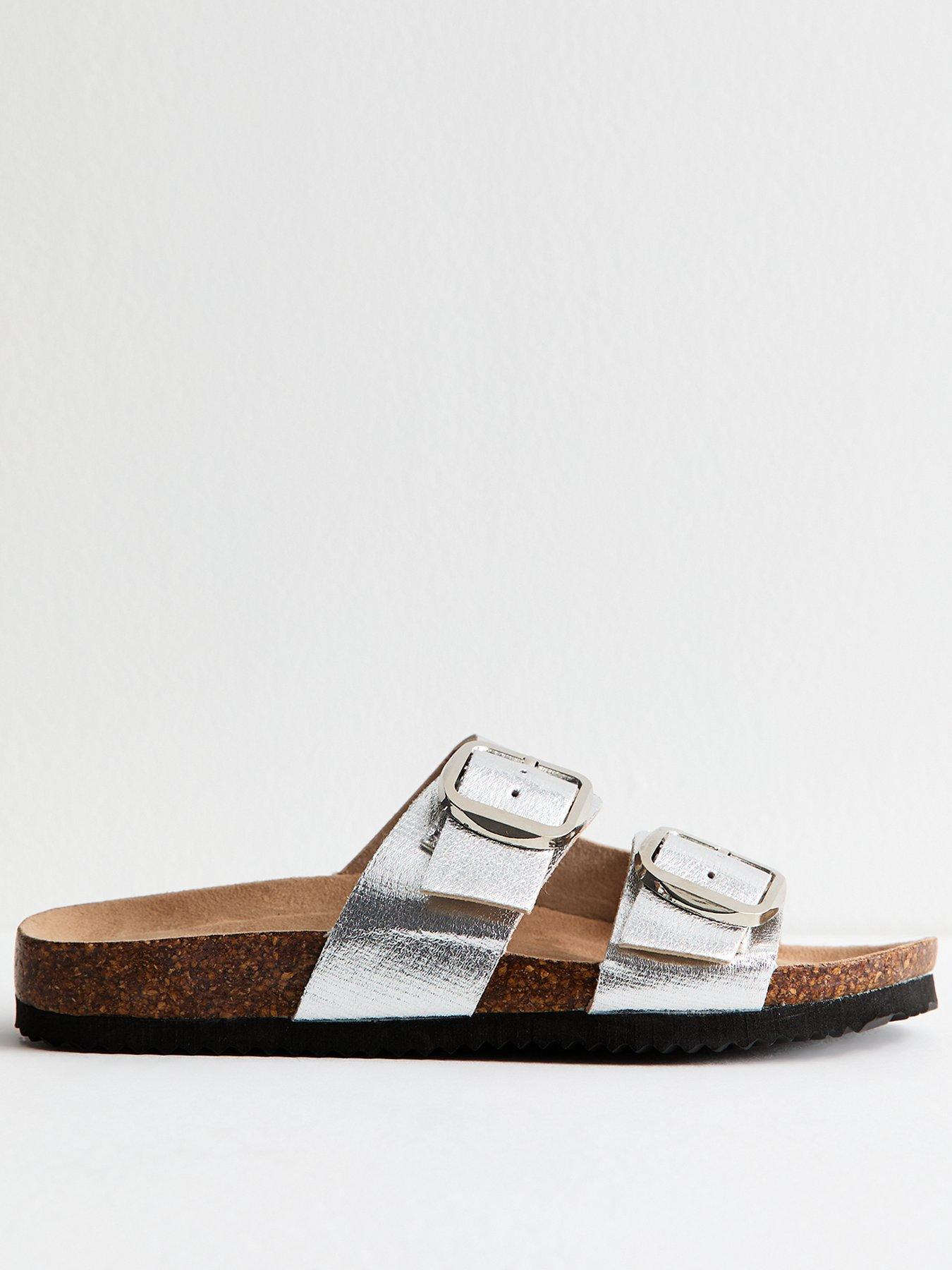 undefined Silver Metallic Faux Leather Bucked Strap Sandals