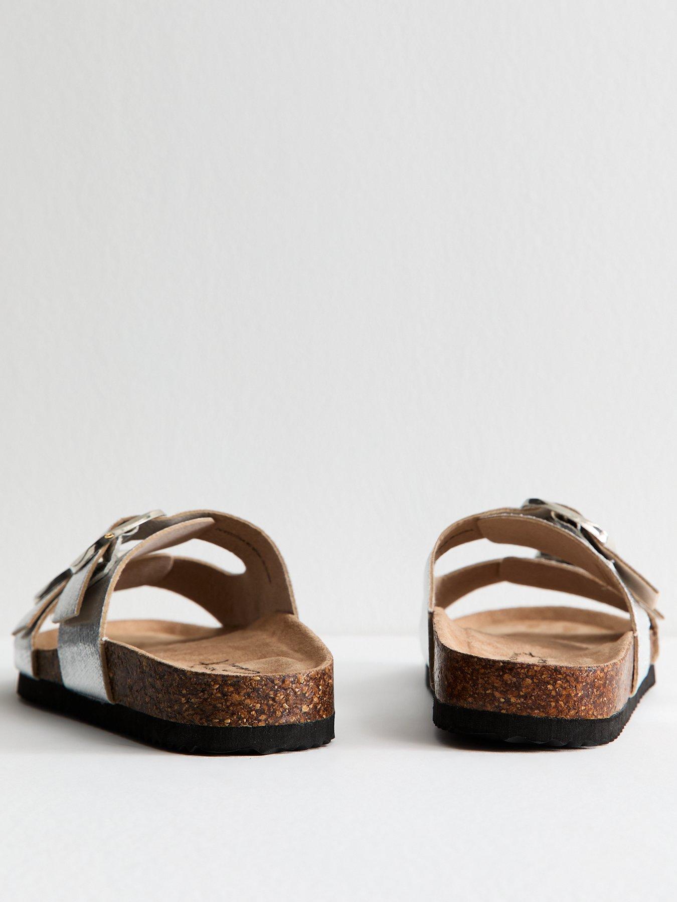 Image 3 of 6 of New Look Silver Metallic Faux Leather Bucked Strap Sandals