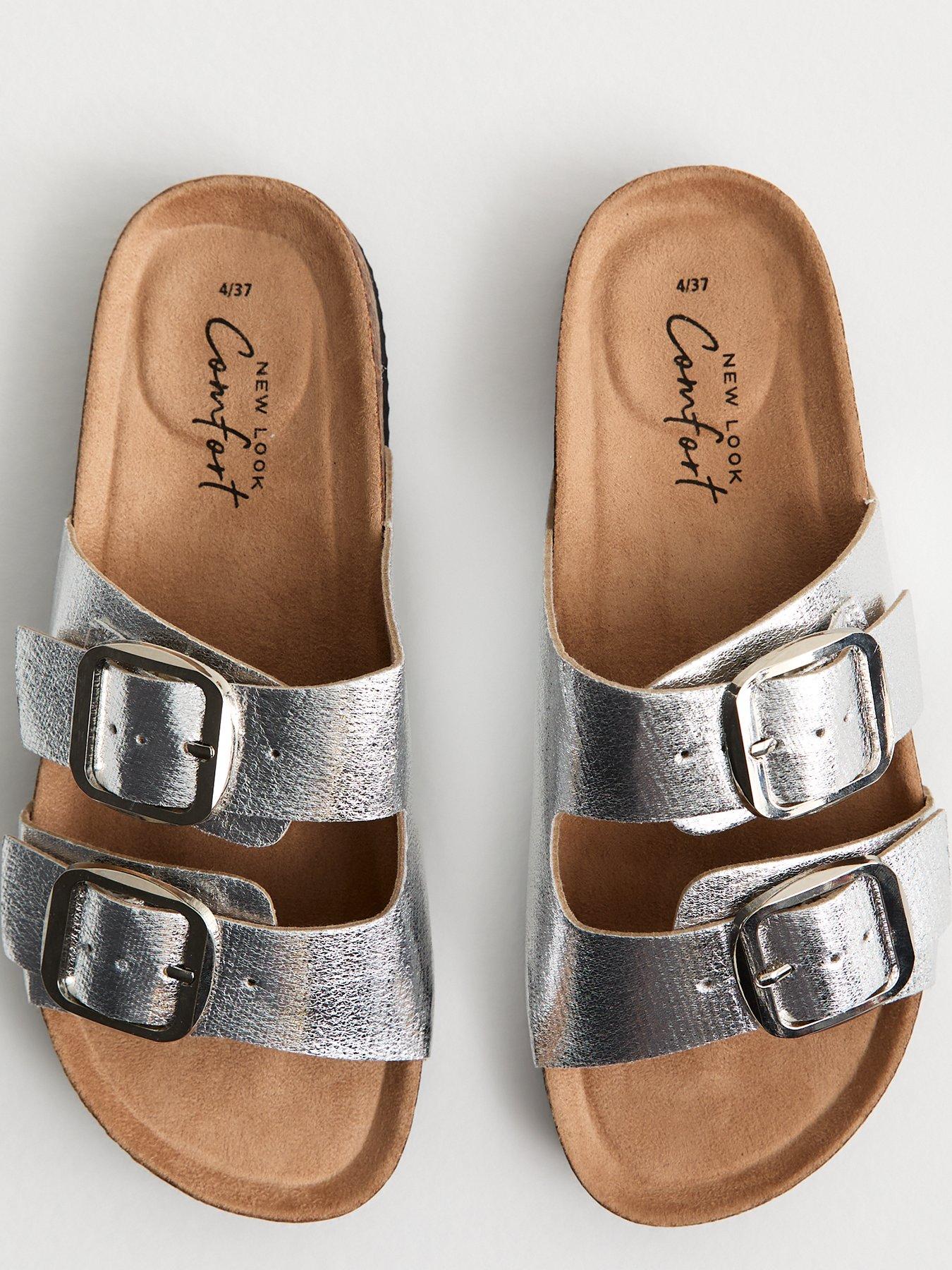 Image 4 of 6 of New Look Silver Metallic Faux Leather Bucked Strap Sandals