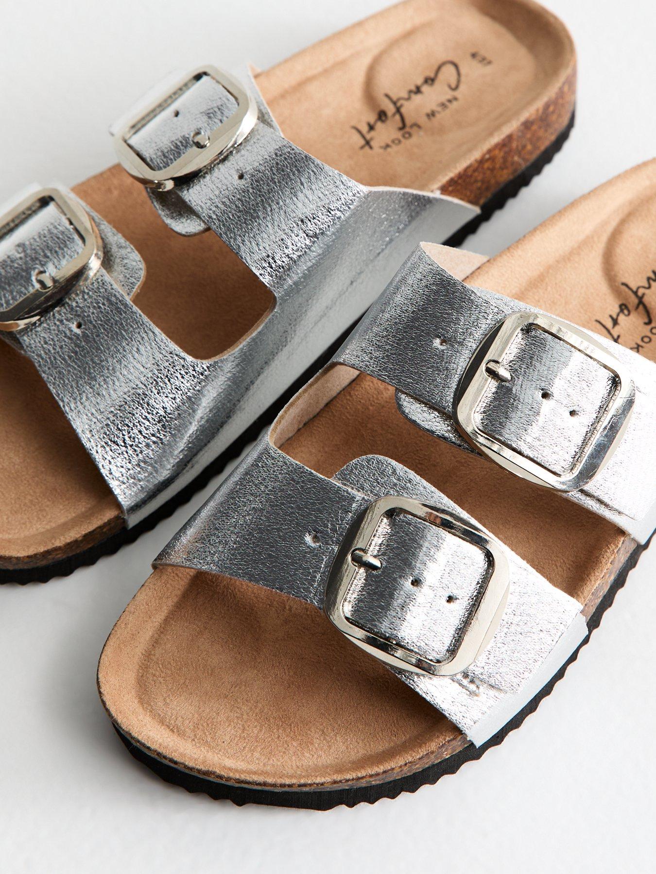 Image 5 of 6 of New Look Silver Metallic Faux Leather Bucked Strap Sandals
