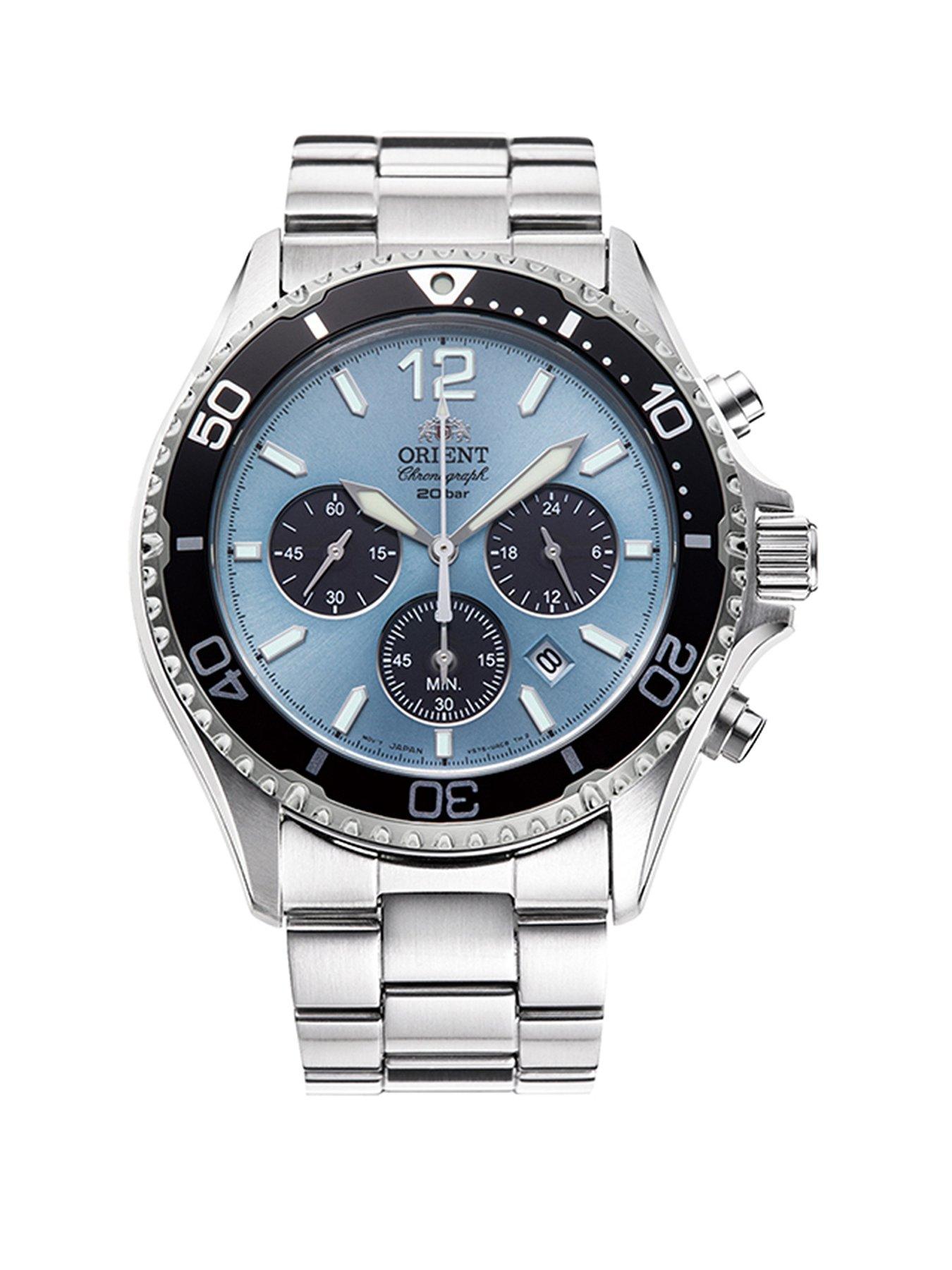 Orient Mako III Solar Powered Divers Chronograph Watch with a Light Blue Dial, Unidirectional Bezel in a Stainless Steel Case and Bracelet