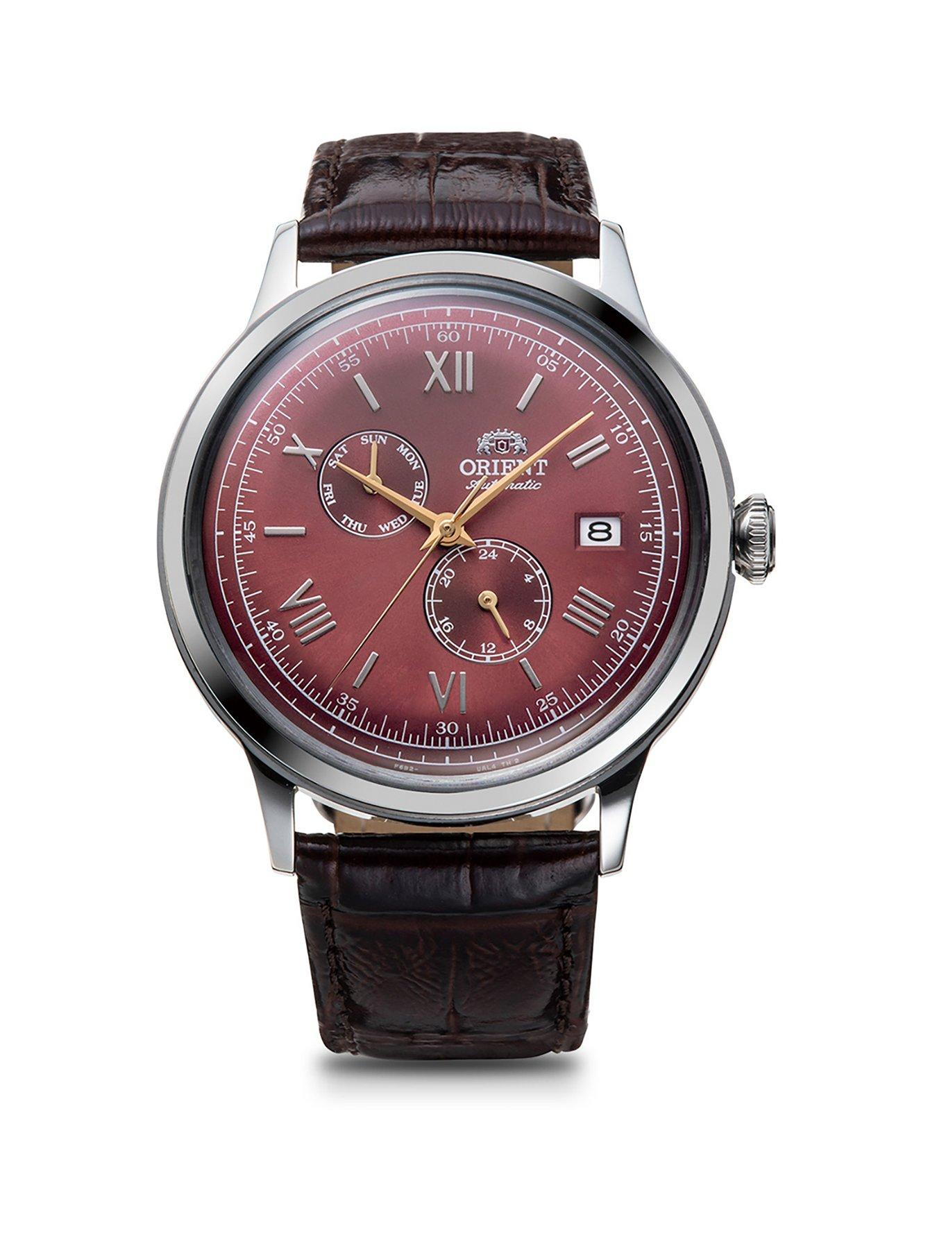 orient-bambino-automatic-multi-dial-40mm-red-dial-stainless-steel-case-brown-leather-strap