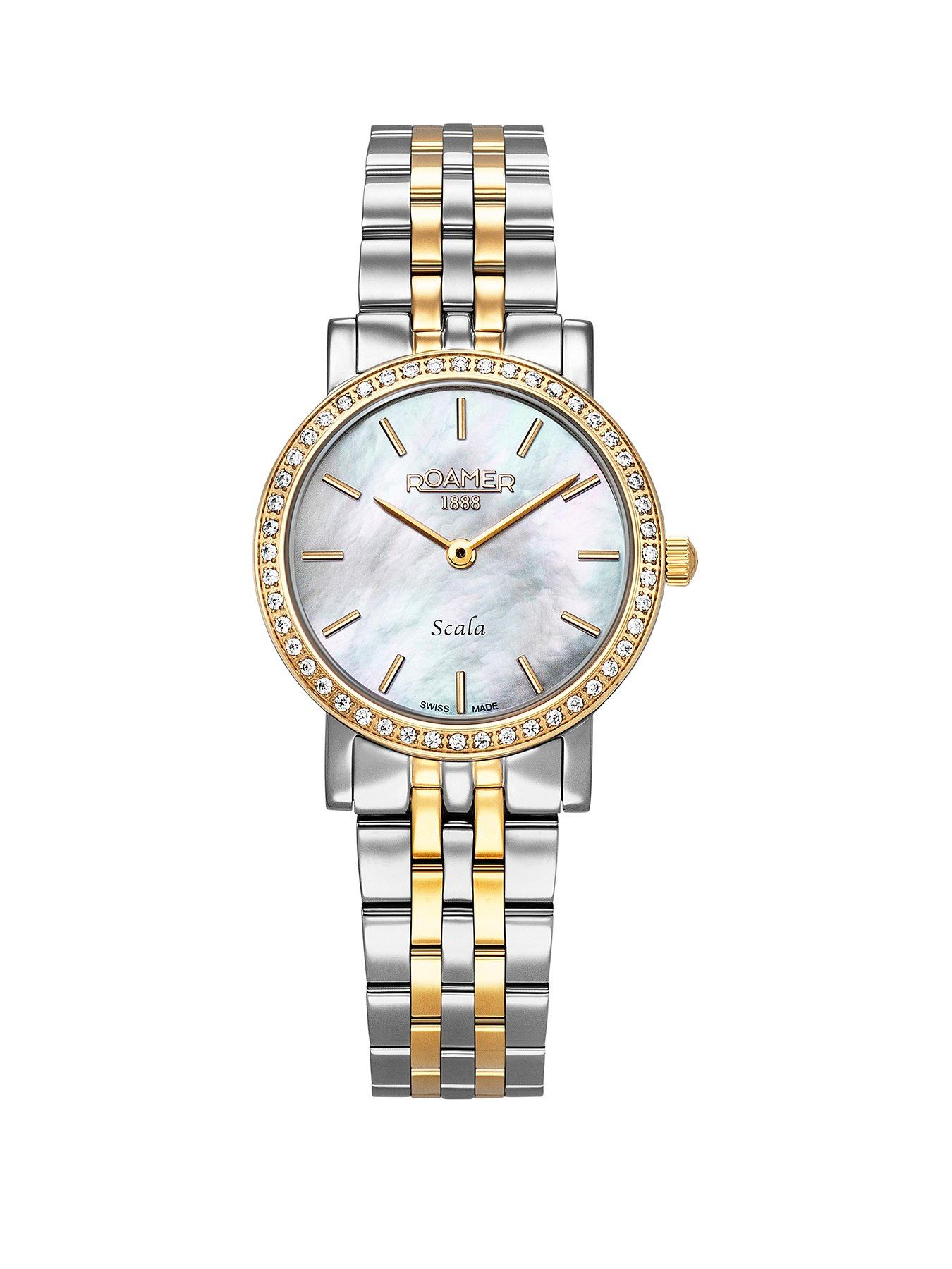  image of roamer-swiss-made-ladies-scala-watch-with-mop-dial-gold-ip-bicolour-stainless-steel-case-and-bracelet-crystal-set-bezel