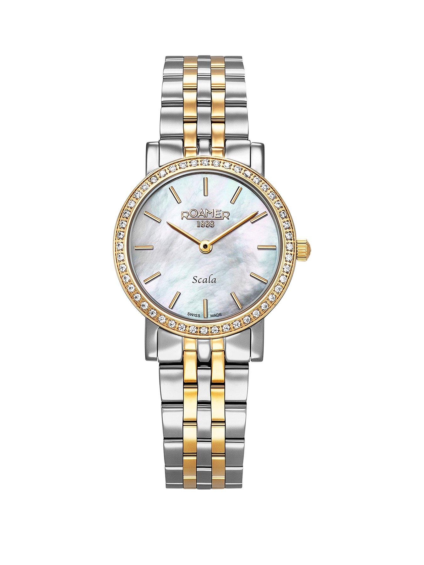 Roamer of Switzerland Swiss Made Ladies Scala Watch with MOP Dial Gold IP Bicolour Stainless Steel Case and Bracelet Crystal set Bezel