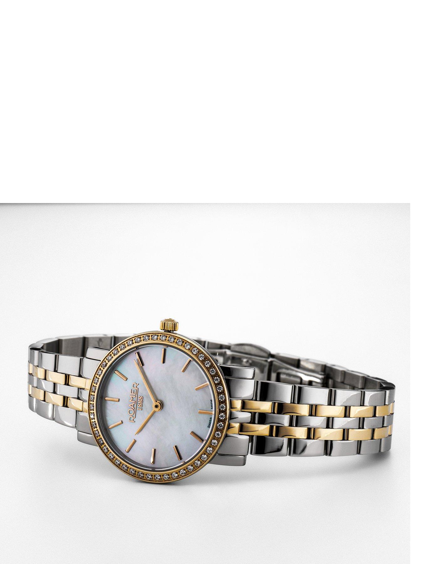  image of roamer-swiss-made-ladies-scala-watch-with-mop-dial-gold-ip-bicolour-stainless-steel-case-and-bracelet-crystal-set-bezel
