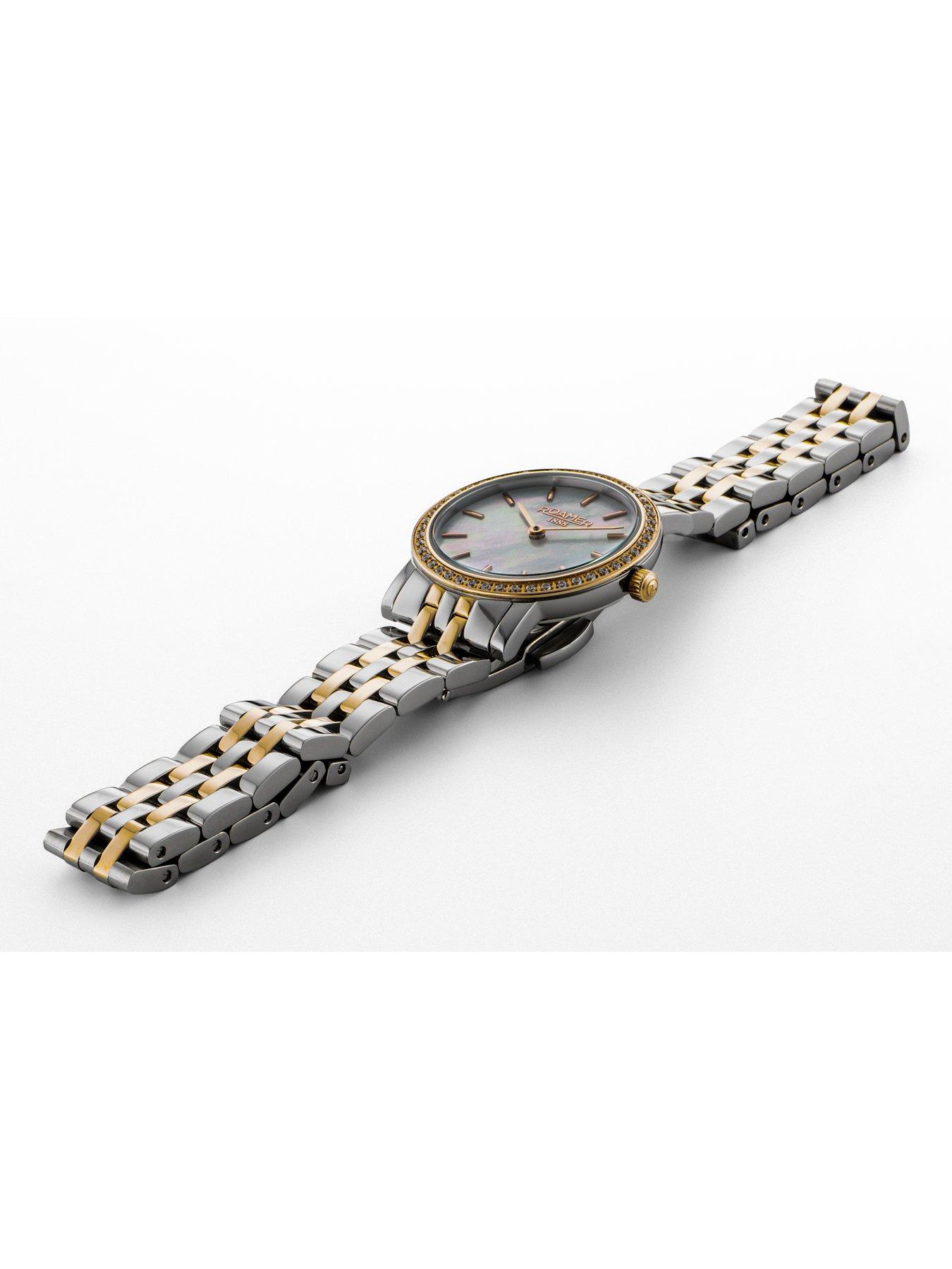  image of roamer-swiss-made-ladies-scala-watch-with-mop-dial-gold-ip-bicolour-stainless-steel-case-and-bracelet-crystal-set-bezel