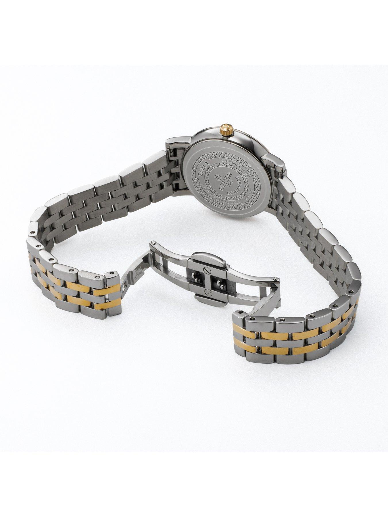  image of roamer-swiss-made-ladies-scala-watch-with-mop-dial-gold-ip-bicolour-stainless-steel-case-and-bracelet-crystal-set-bezel