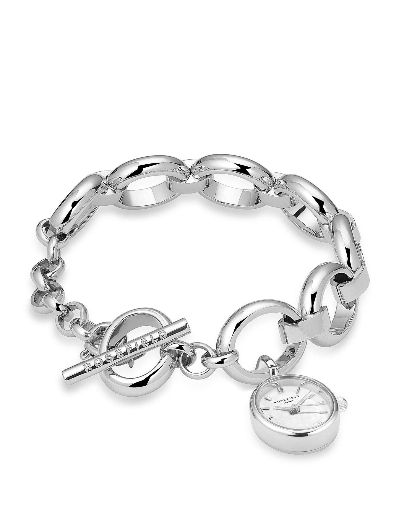  image of rosefield-oval-charm-chain-watch-with-silver-dial-in-a-silver-colour-case-and-stainless-steel-bracelet