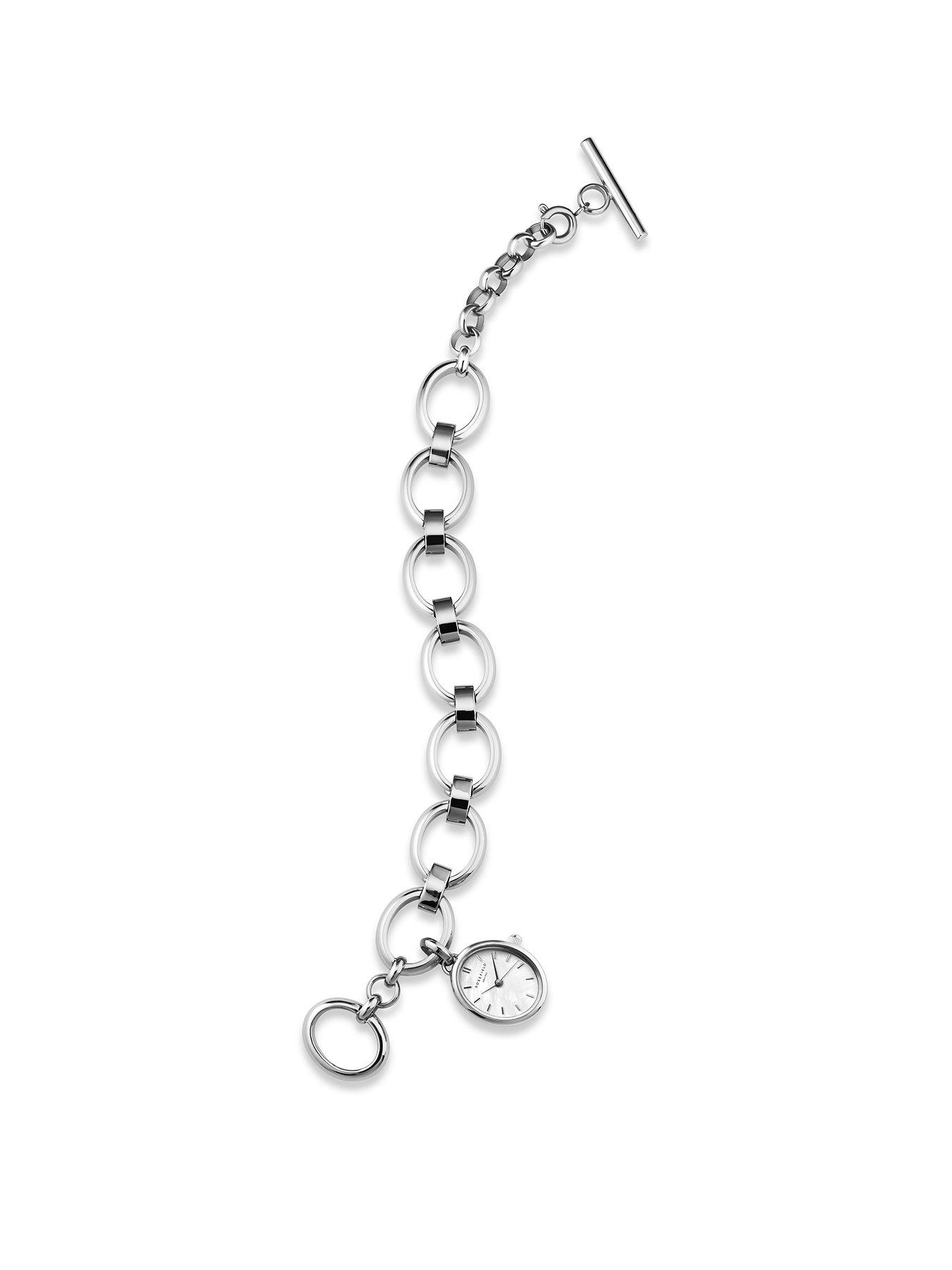 image of rosefield-oval-charm-chain-watch-with-silver-dial-in-a-silver-colour-case-and-stainless-steel-bracelet