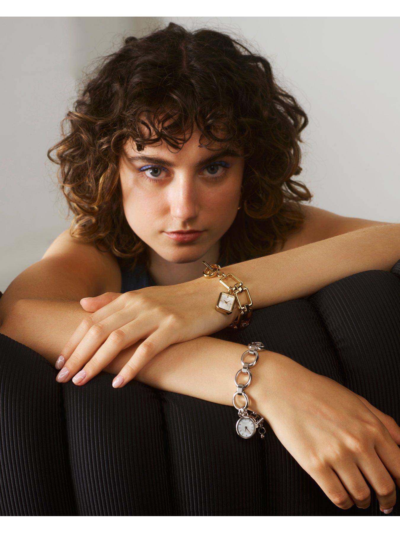  image of rosefield-oval-charm-chain-watch-with-silver-dial-in-a-silver-colour-case-and-stainless-steel-bracelet