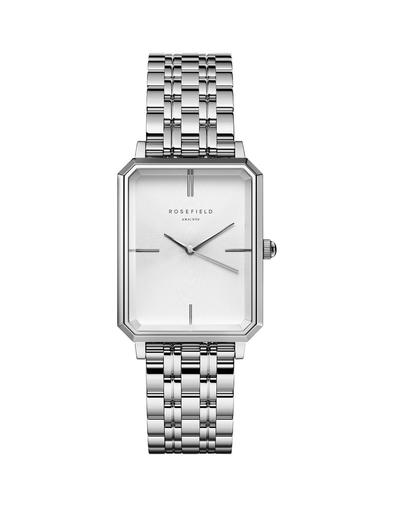  image of rosefield-octagon-silver-sunray-dial-in-a-silver-ip-case-and-stainless-steel-bracelet