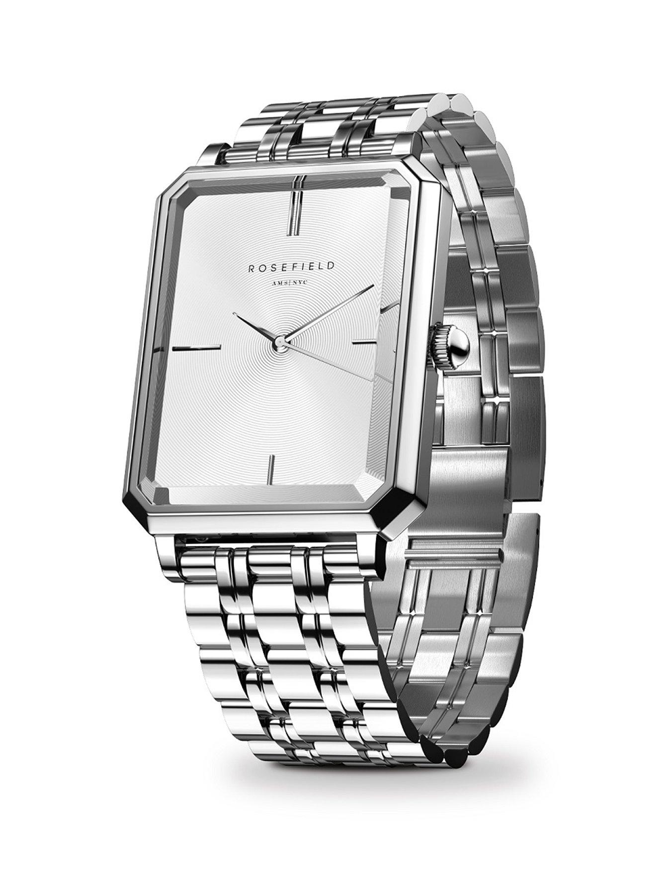  image of rosefield-octagon-silver-sunray-dial-in-a-silver-ip-case-and-stainless-steel-bracelet