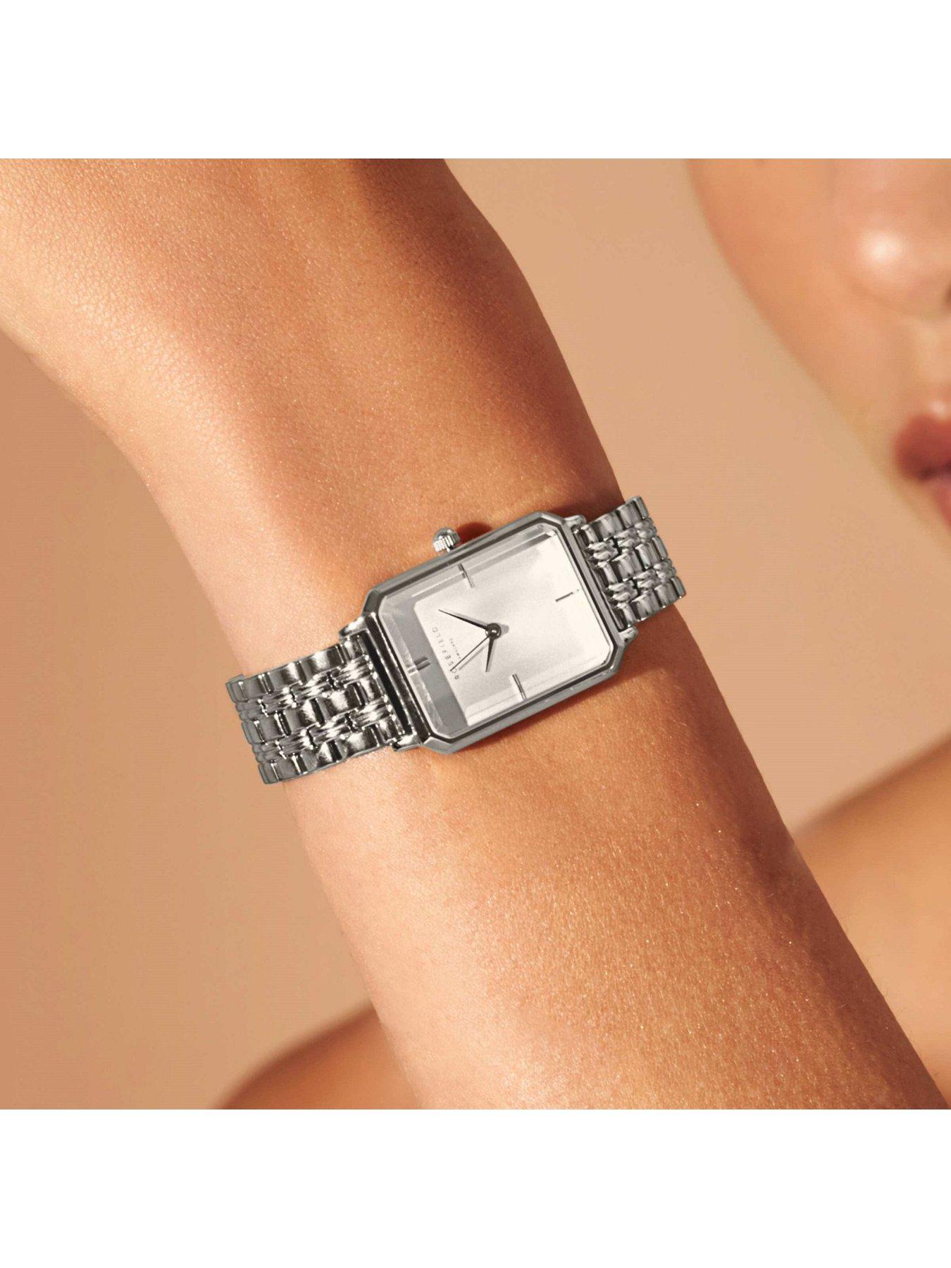  image of rosefield-octagon-silver-sunray-dial-in-a-silver-ip-case-and-stainless-steel-bracelet