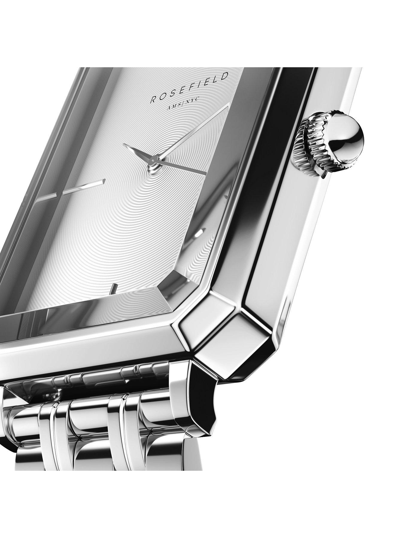  image of rosefield-octagon-silver-sunray-dial-in-a-silver-ip-case-and-stainless-steel-bracelet