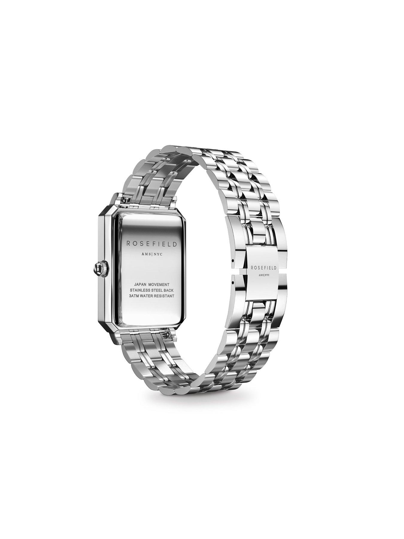  image of rosefield-octagon-silver-sunray-dial-in-a-silver-ip-case-and-stainless-steel-bracelet