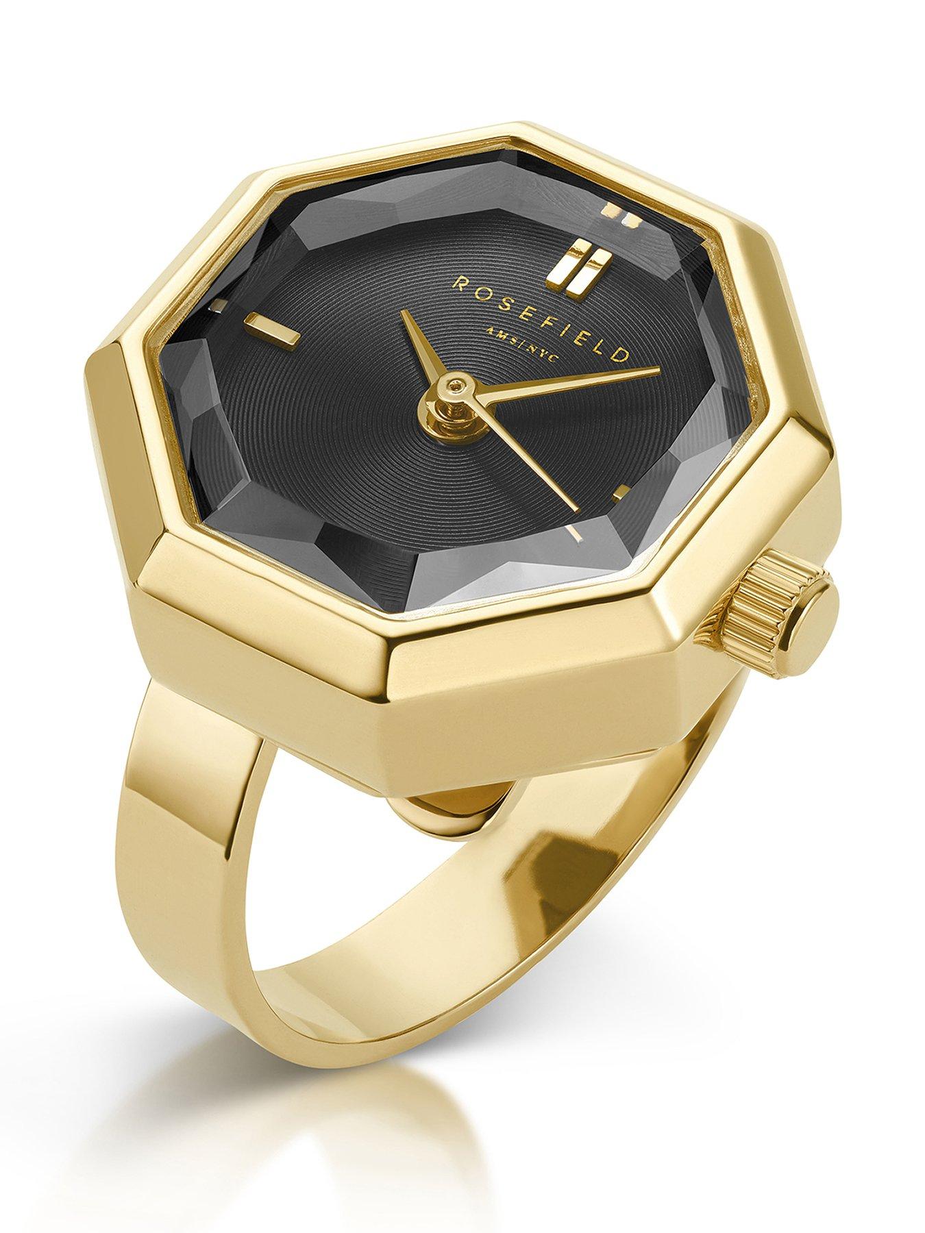 Rosefield Octagon Ring Watch Black Sunray Dial in Gold IP.