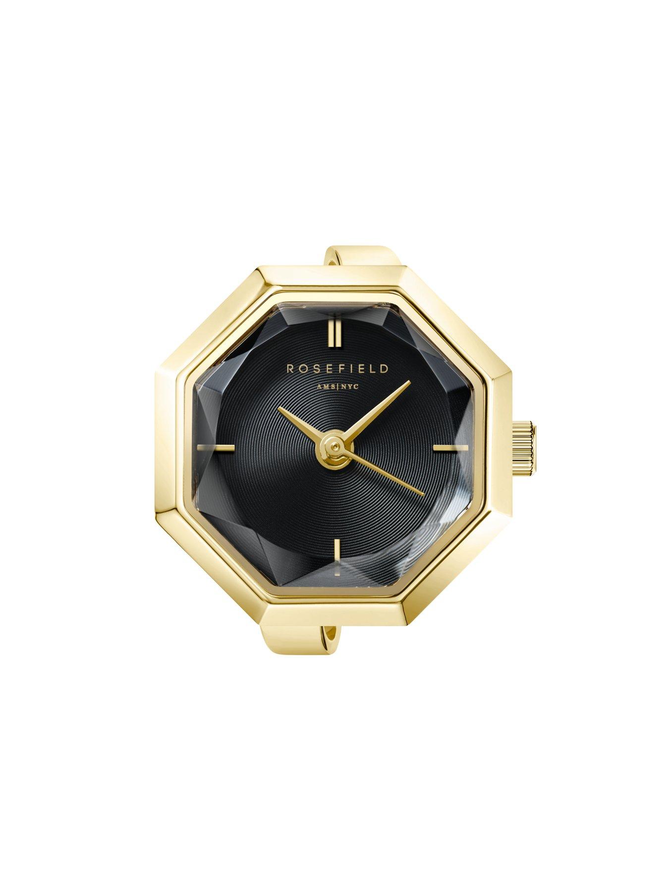  image of rosefield-octagon-ring-watch-black-sunray-dial-in-gold-ip