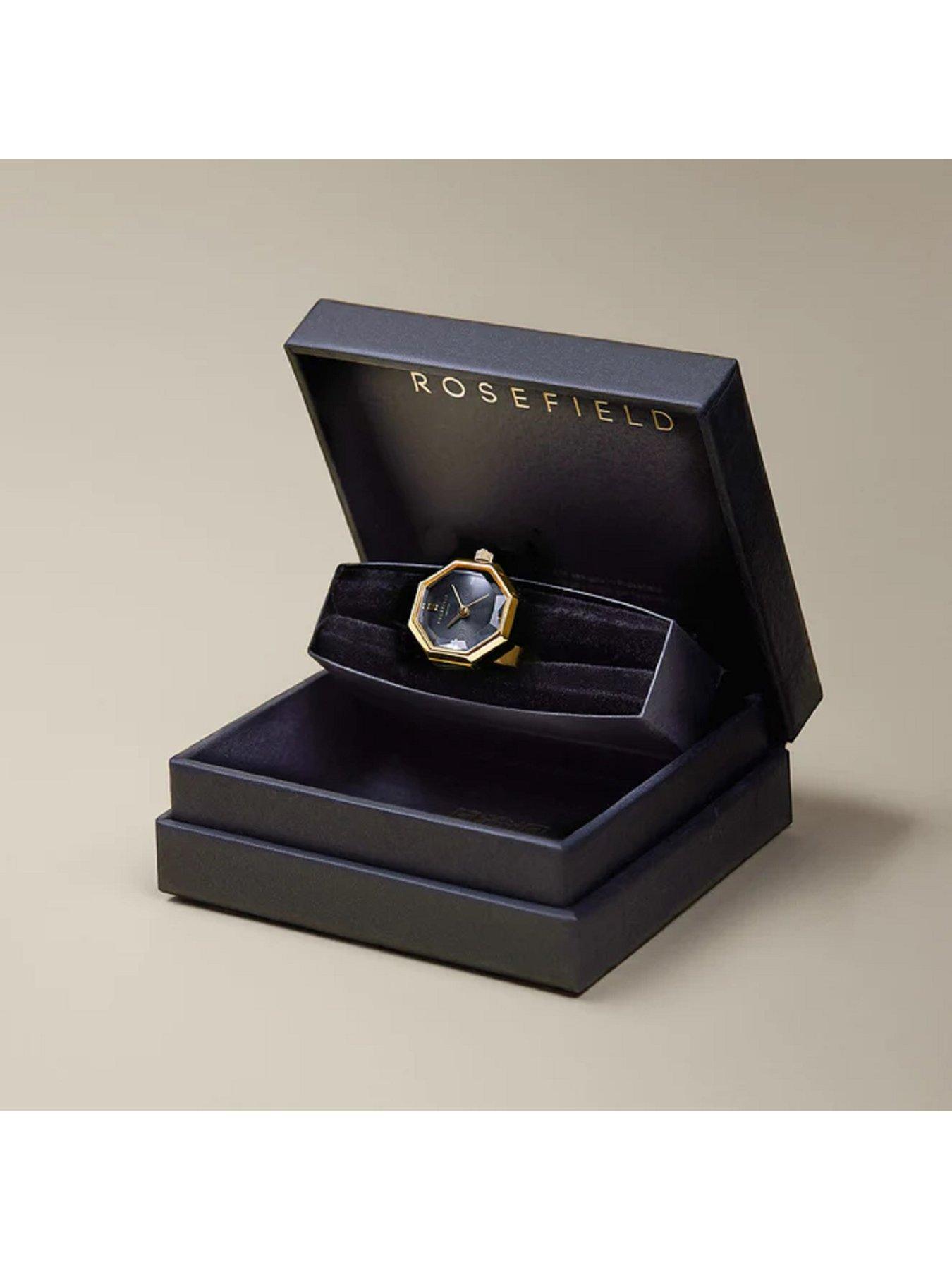  image of rosefield-octagon-ring-watch-black-sunray-dial-in-gold-ip