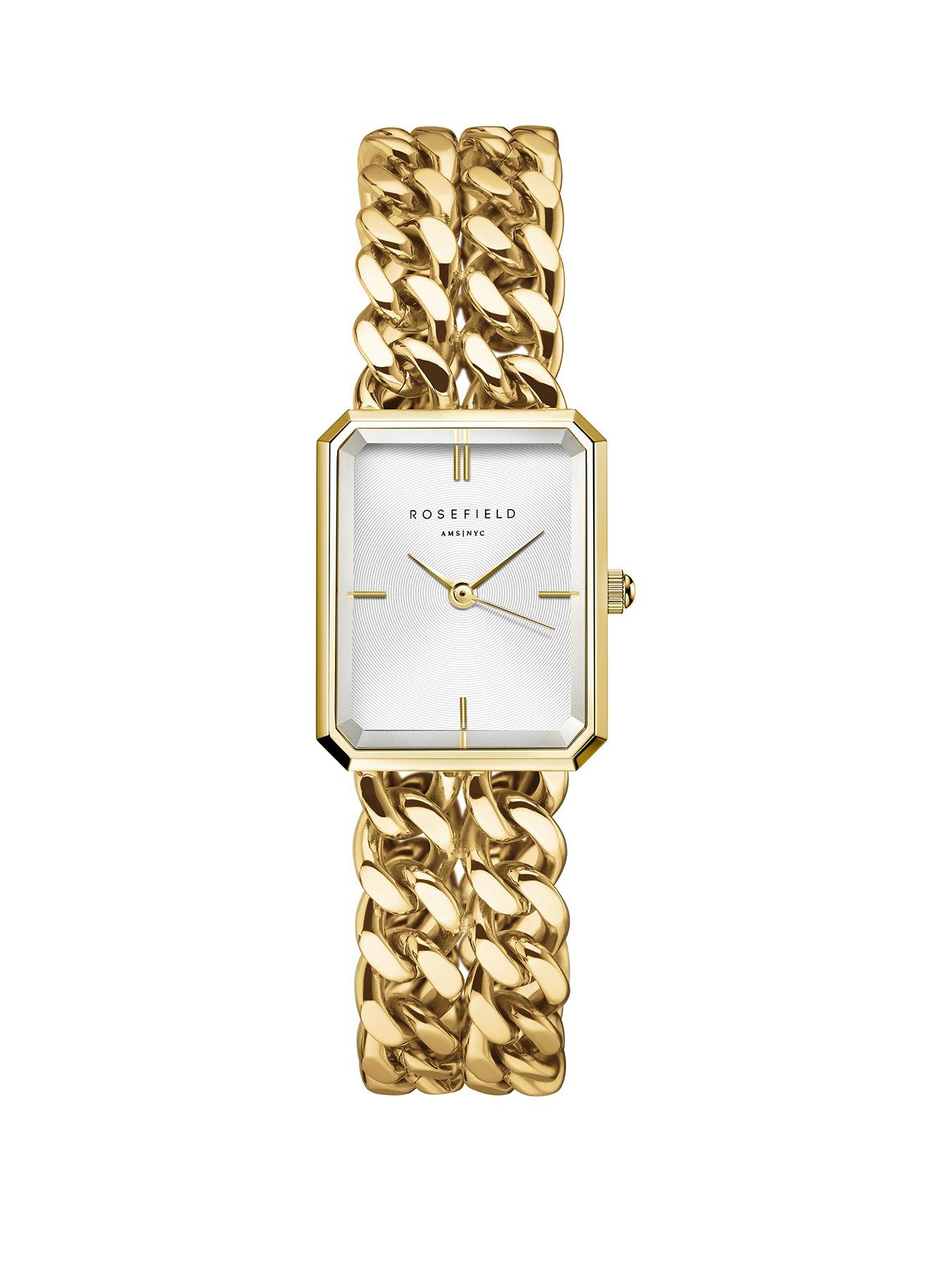 Rosefield Octagon Double Curb Chain Watch Studio Edition with Silver Dial in Gold IP.