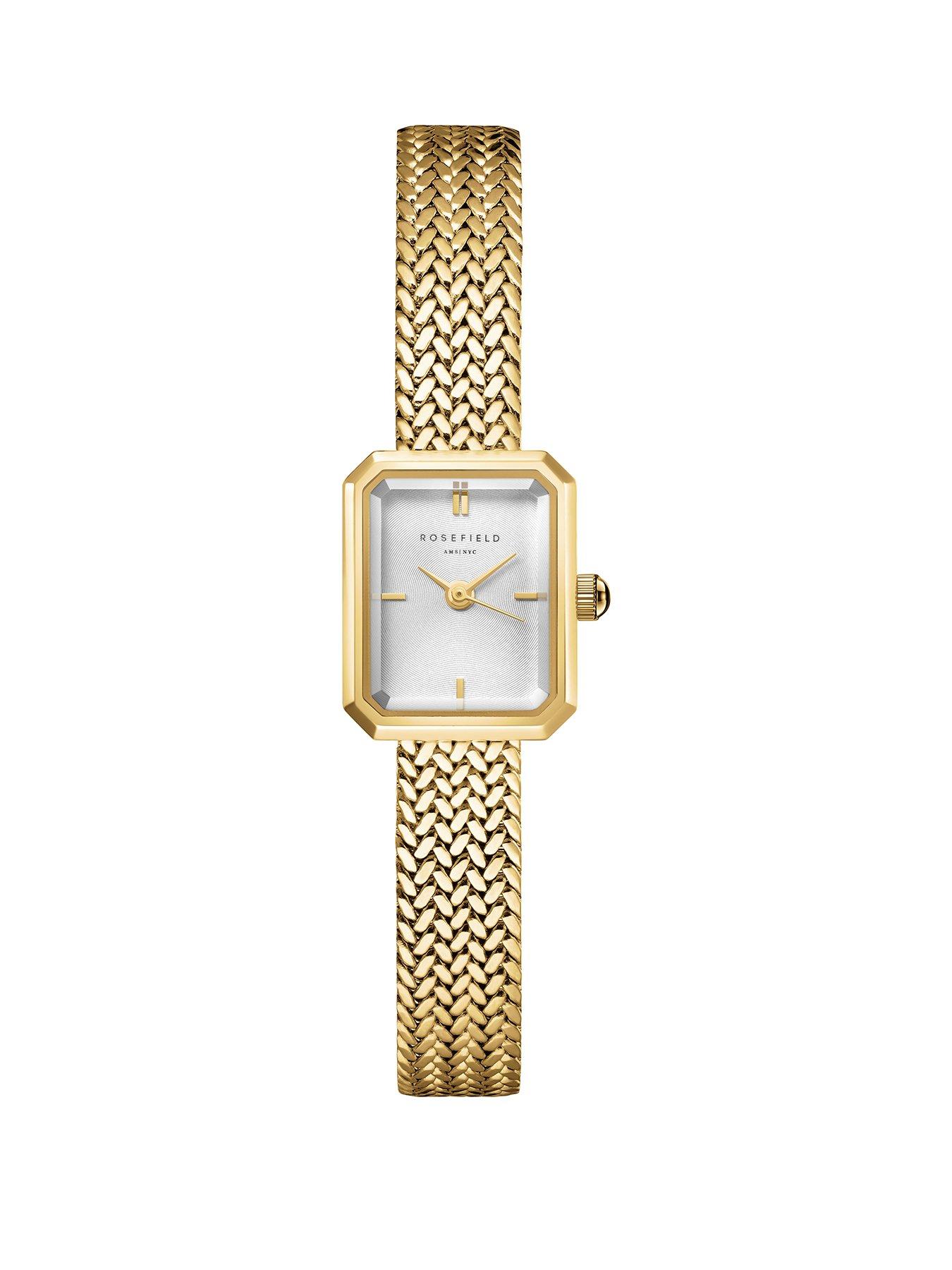 Rosefield Mini's Octagon Watch with a Silver Sunray Dial Gold IP Mesh