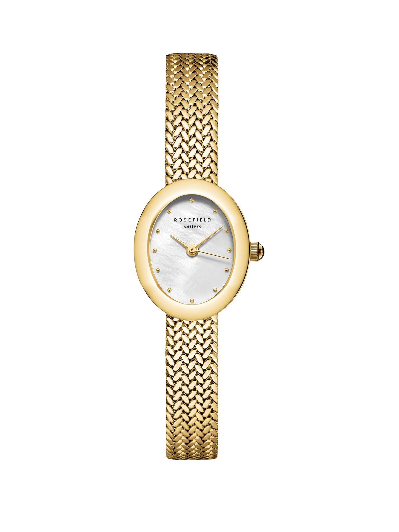 Rosefield Mini's Oval Watch with a Silver Sunray Dial Gold IP Mesh