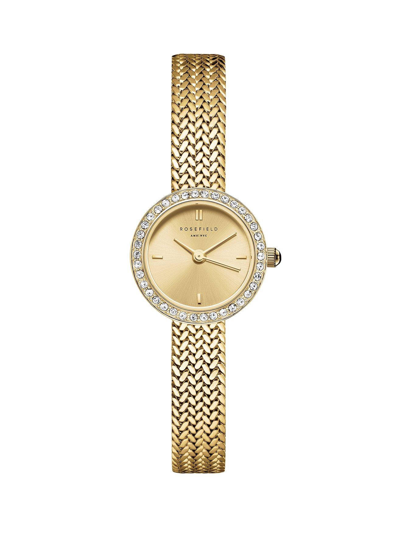 Rosefield Mini's Round Watch with a Gold Sunray Dial Gold IP Mesh and Stone set Bezel