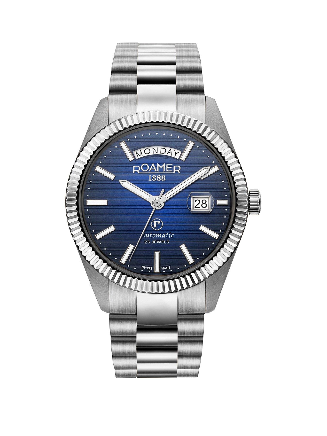 undefined Swiss Made Primeline Daydate Automatic Men's Watch with Blue Striped Dial and Day Date Feature in a Stainless Steel Case and Bracelet