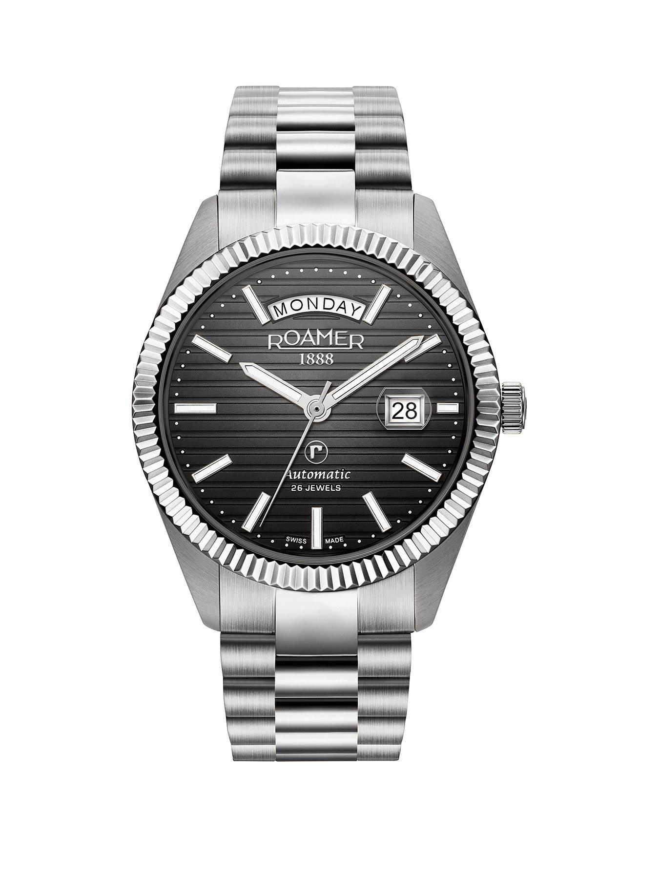roamer-swiss-made-primeline-daydate-automatic-mens-watch-with-black-striped-dial-and-day-date-feature-in-a-stainless-steel-case-and-bracelet