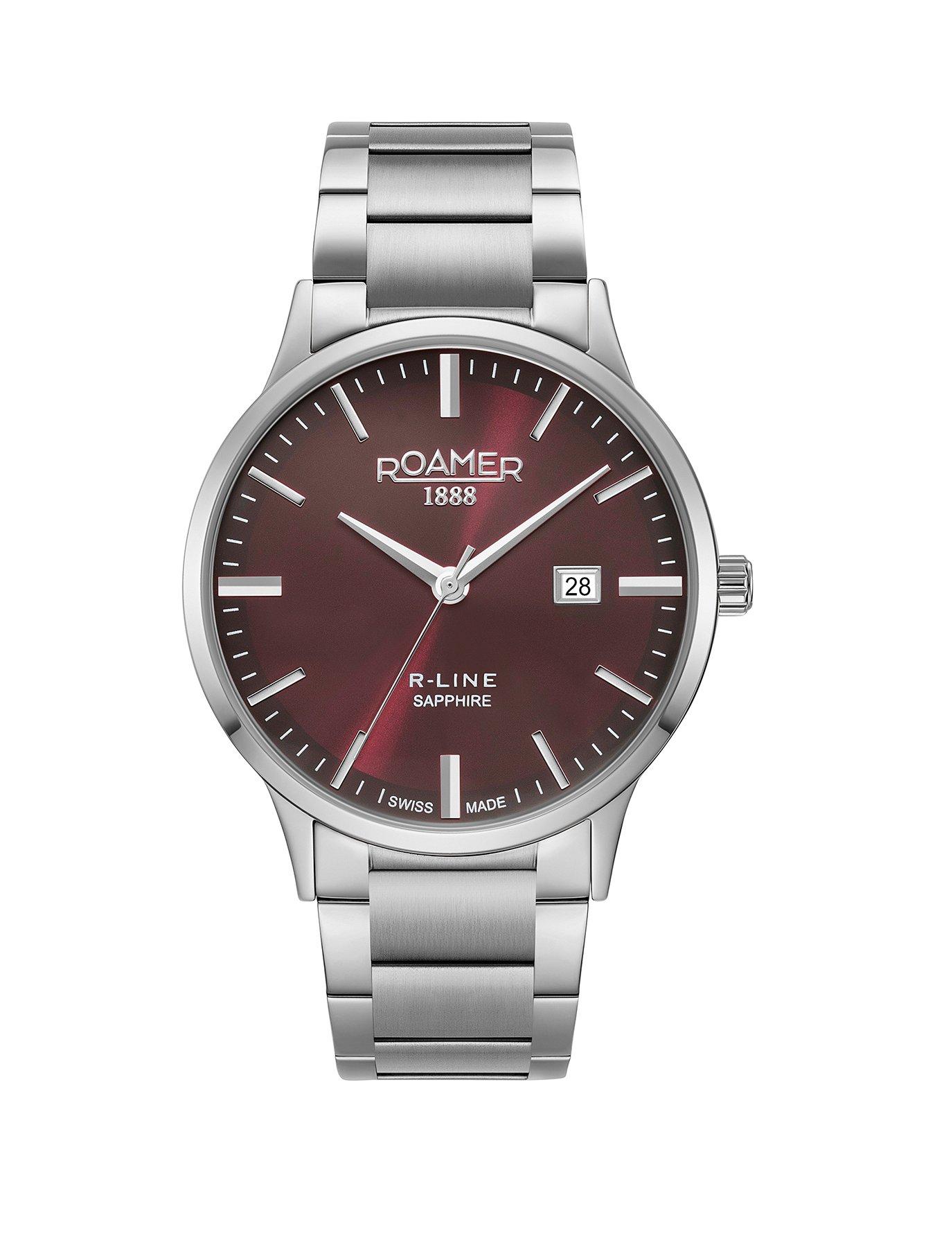  image of roamer-swiss-made-mens-r-line-classic-with-burgundy-dial-and-stainelss-steel-case-and-bracelet