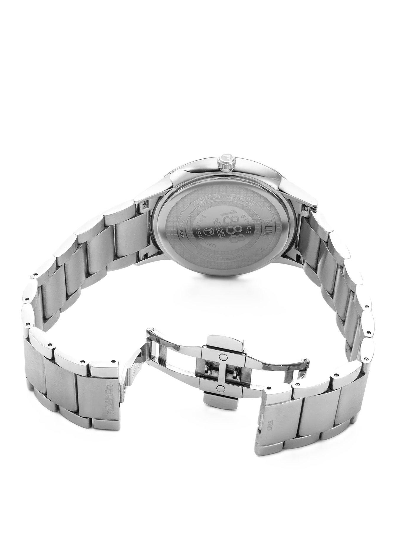  image of roamer-swiss-made-mens-r-line-classic-with-burgundy-dial-and-stainelss-steel-case-and-bracelet