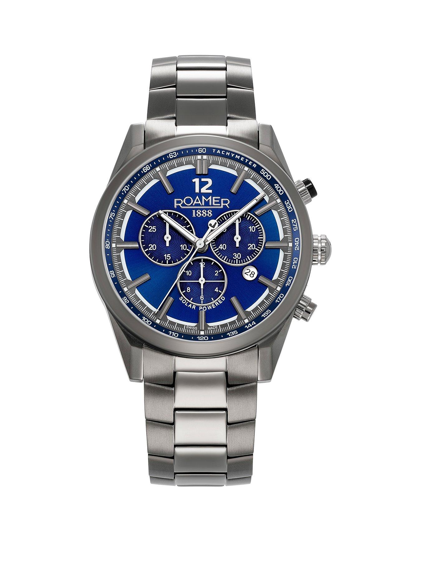  image of roamer-swiss-made-helios-power-mens-titamium-case-and-bracelet-with-blue-dial