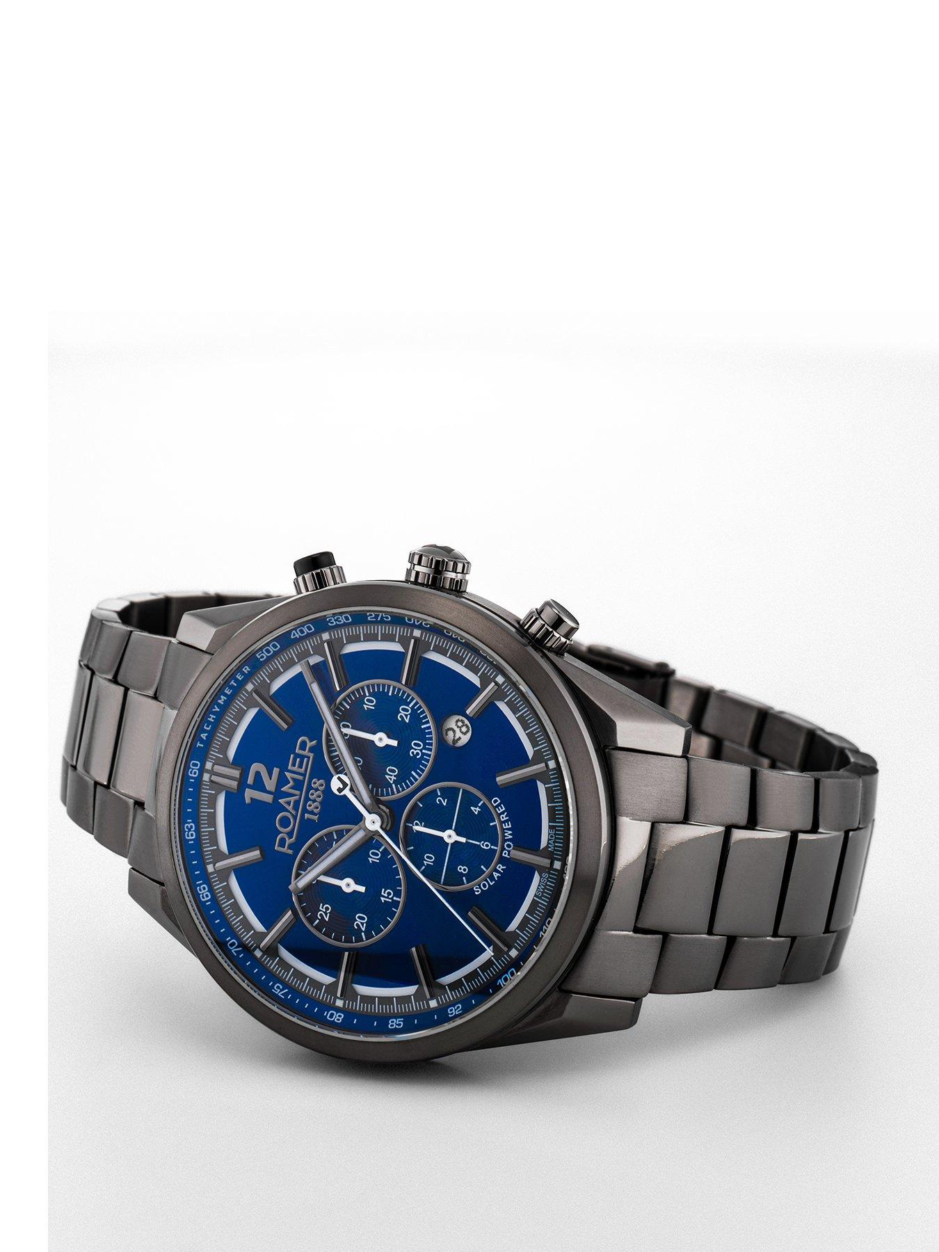  image of roamer-swiss-made-helios-power-mens-titamium-case-and-bracelet-with-blue-dial