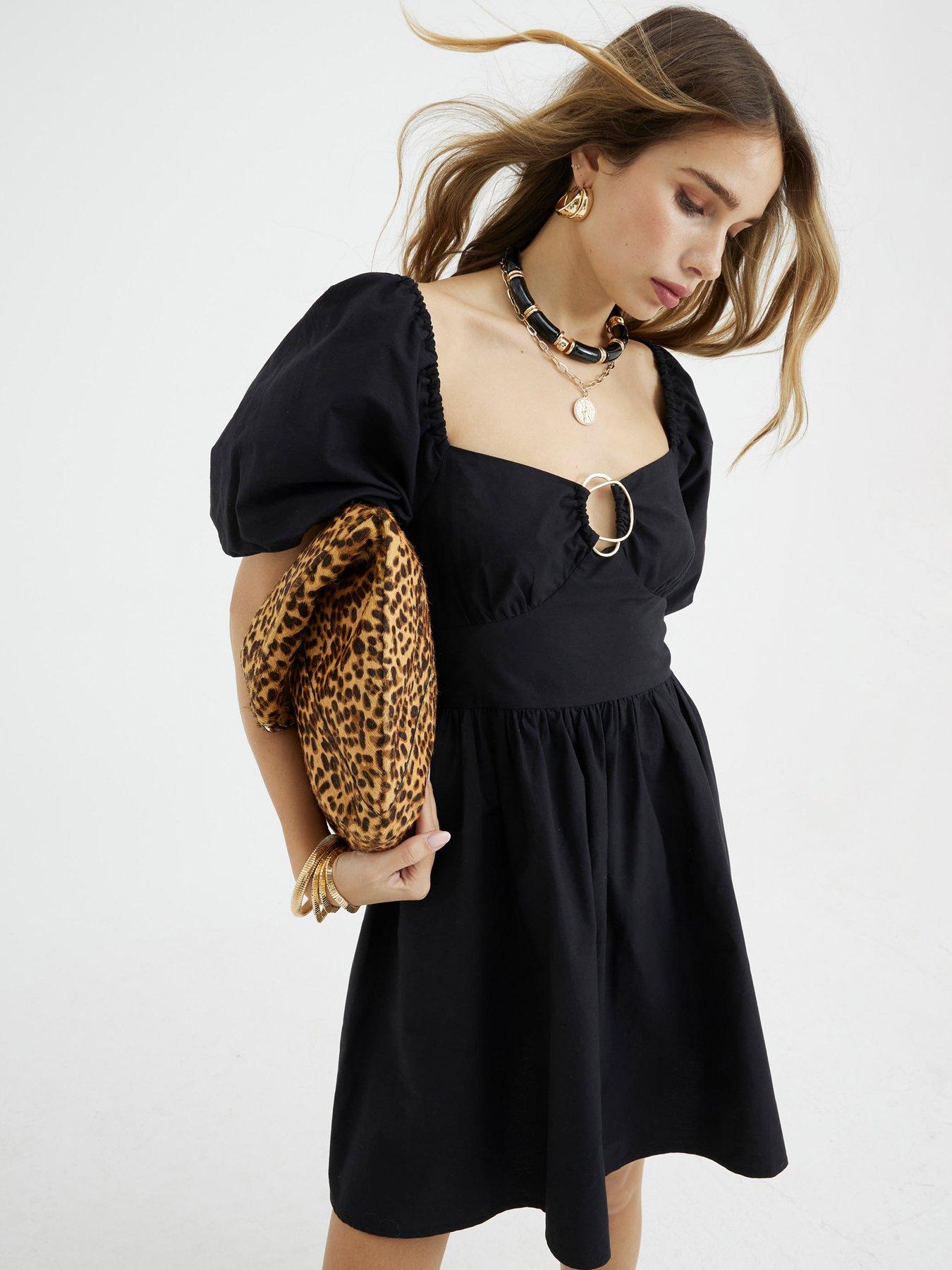 undefined Short Sleeve Poplin Trim Detail Mini Dress - Black