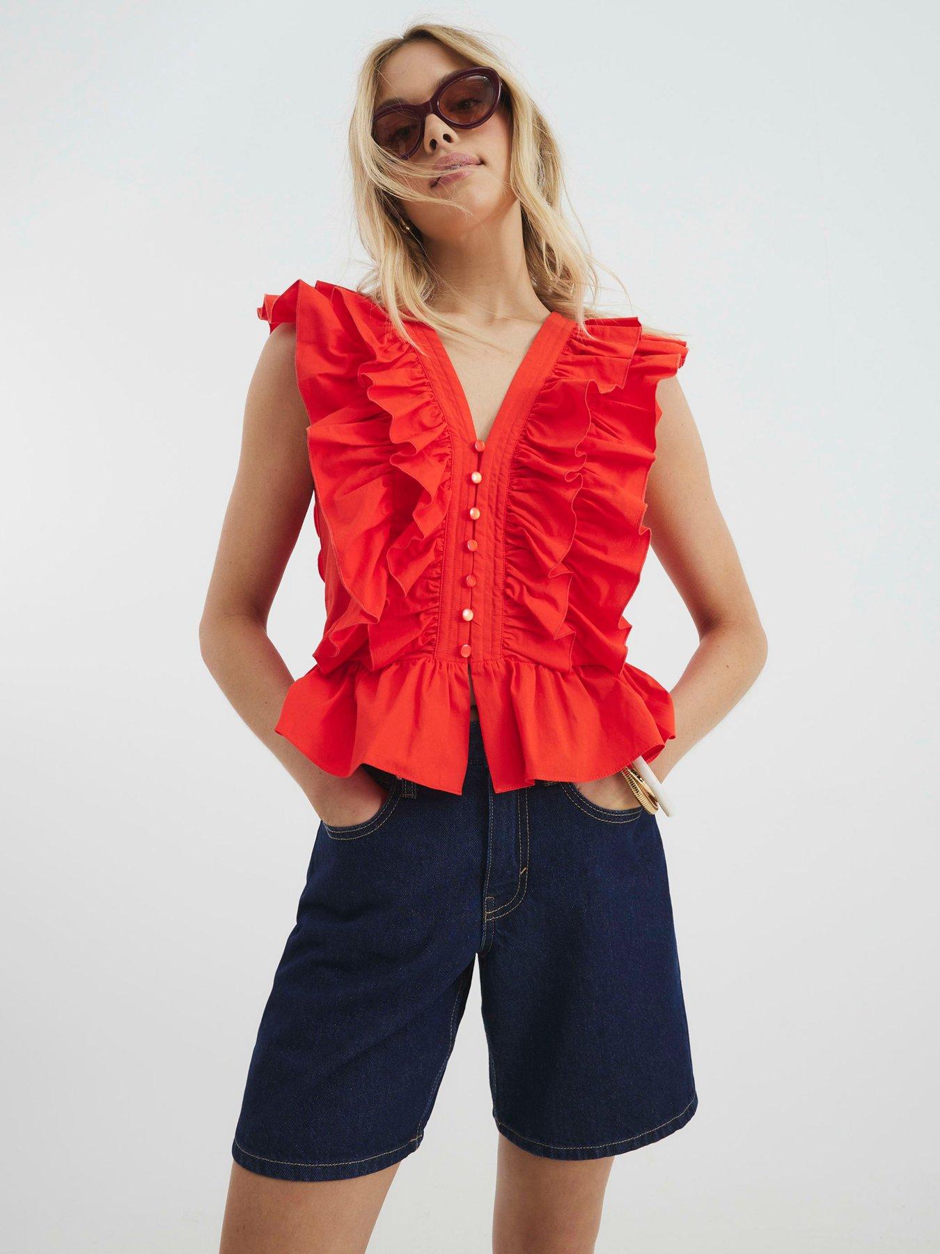 front image of river-island-short-sleeve-ruffle-front-button-top-red