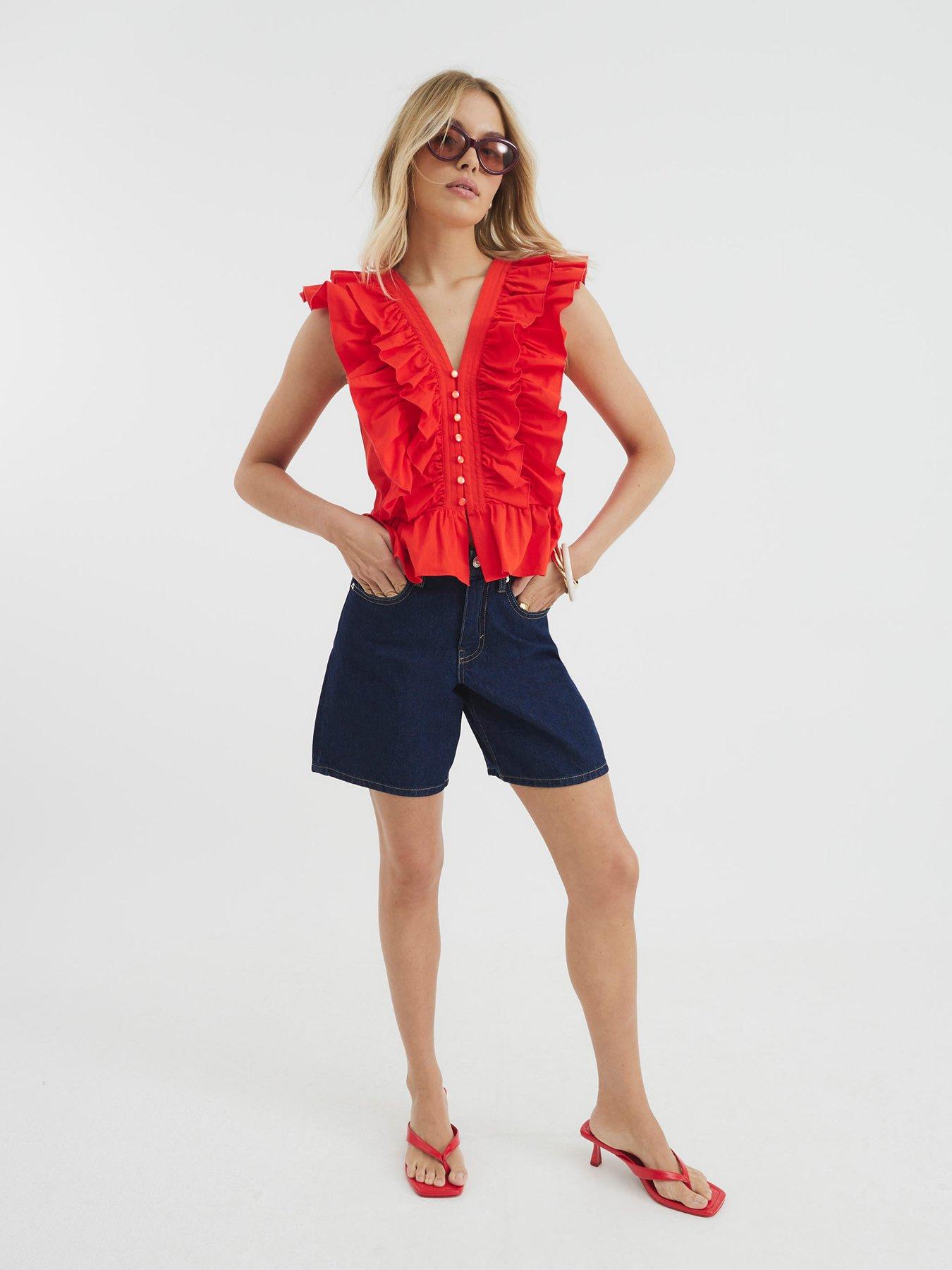  image of river-island-short-sleeve-ruffle-front-button-top-red