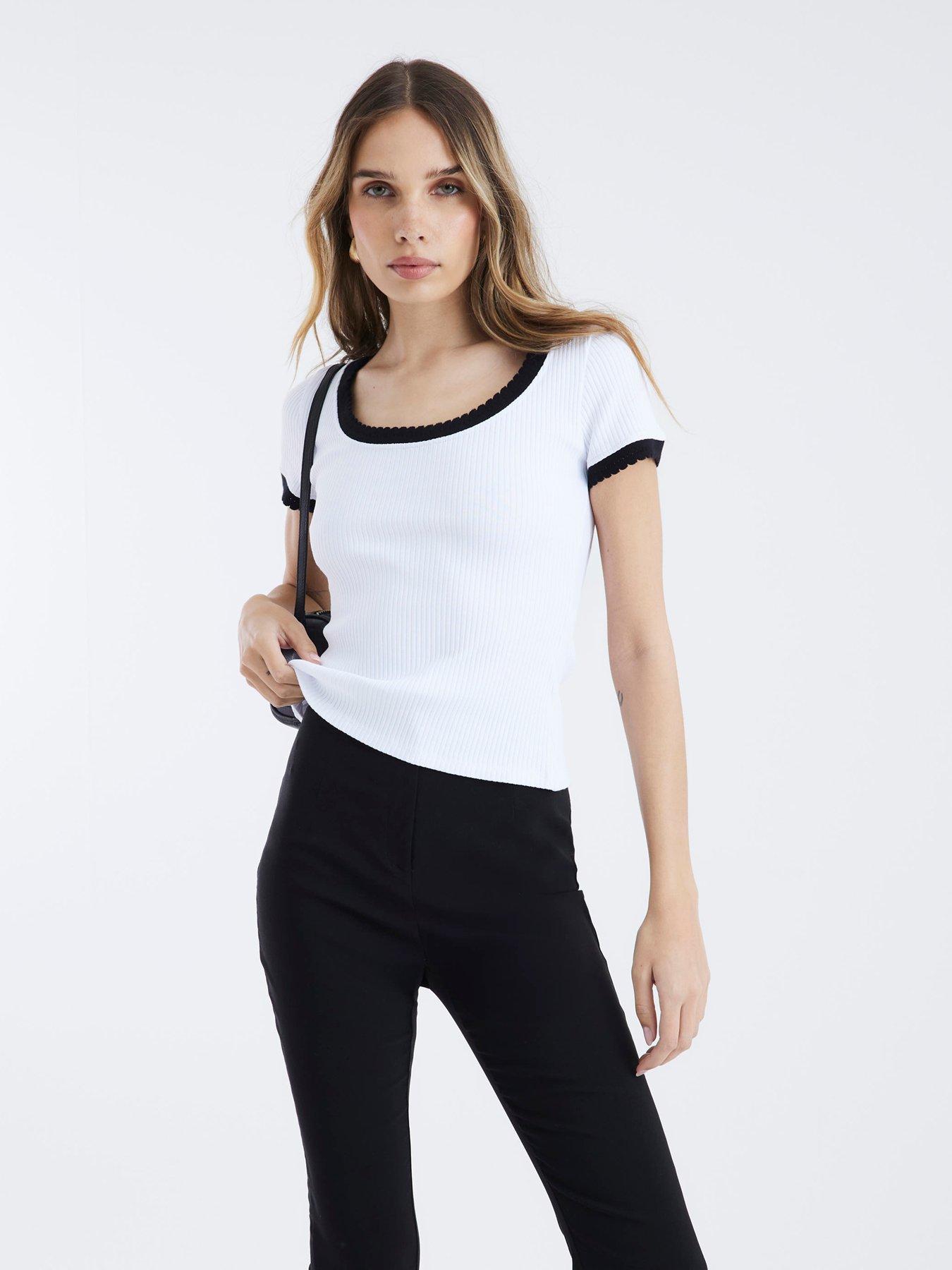 River Island Short Sleeve Fitted Scallop Trim Tee - White