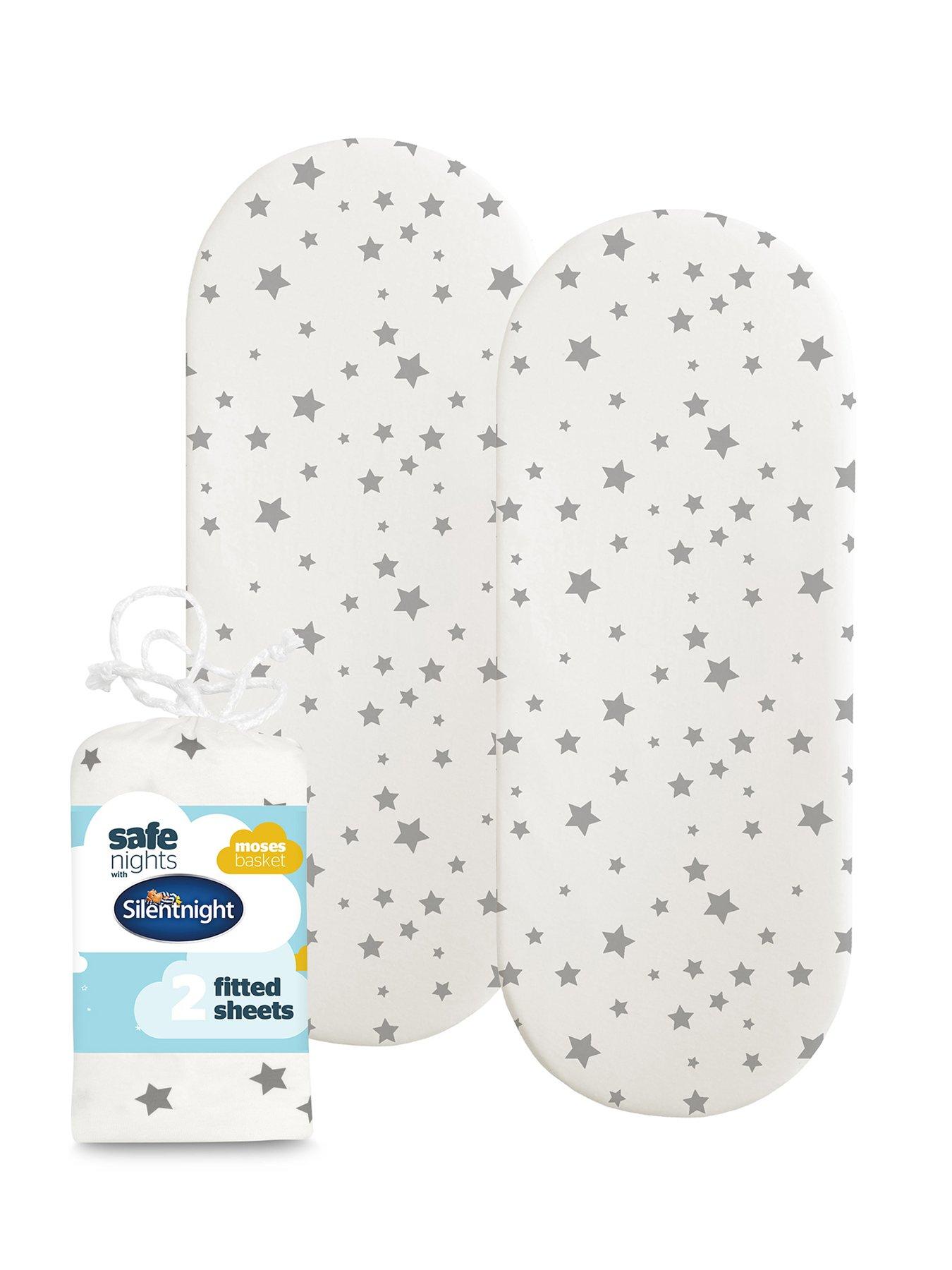 Silentnight Safe Nights 2 x Pack 100% Cotton Moses Basket Fitted Sheets - 74cm x 28cm (Grey Stars)