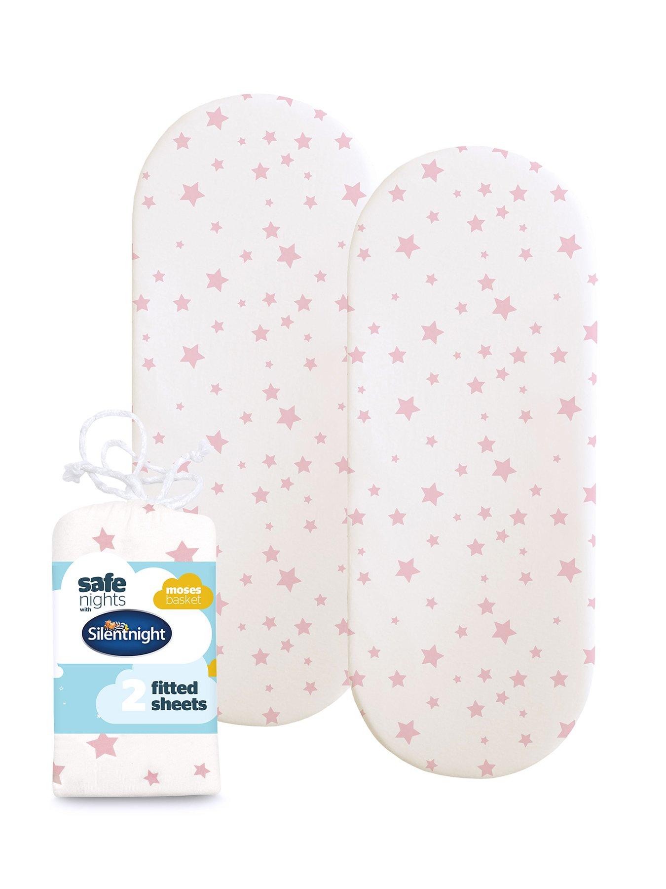 Silentnight Safe Nights 2 x Pack 100% Cotton Moses Basket Fitted Sheets - 74cm x 28cm (Pink Stars)