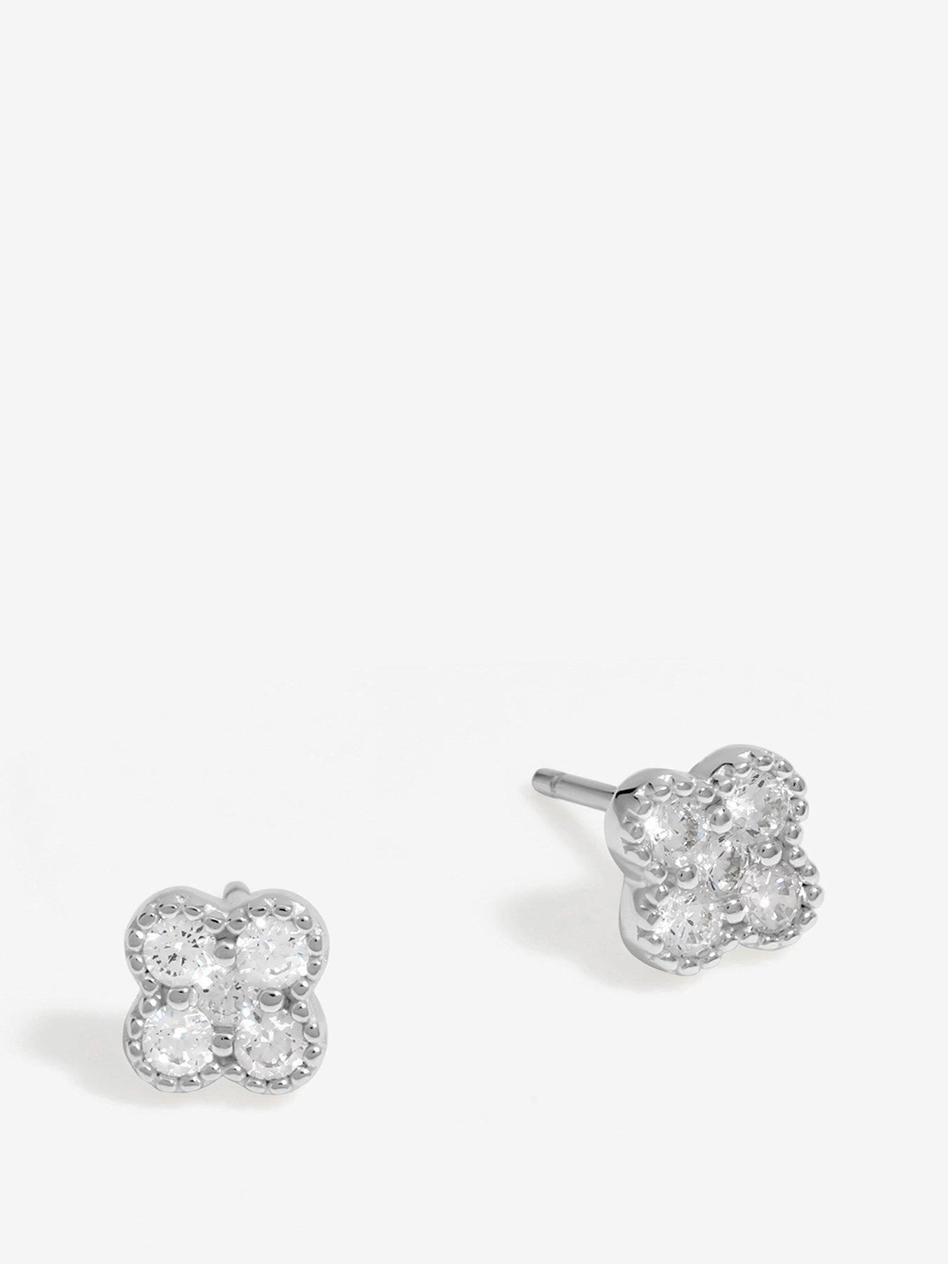 undefined Sterling Silver 925 Polished and Cubic Zirconia Pave Clover Stud Earrings